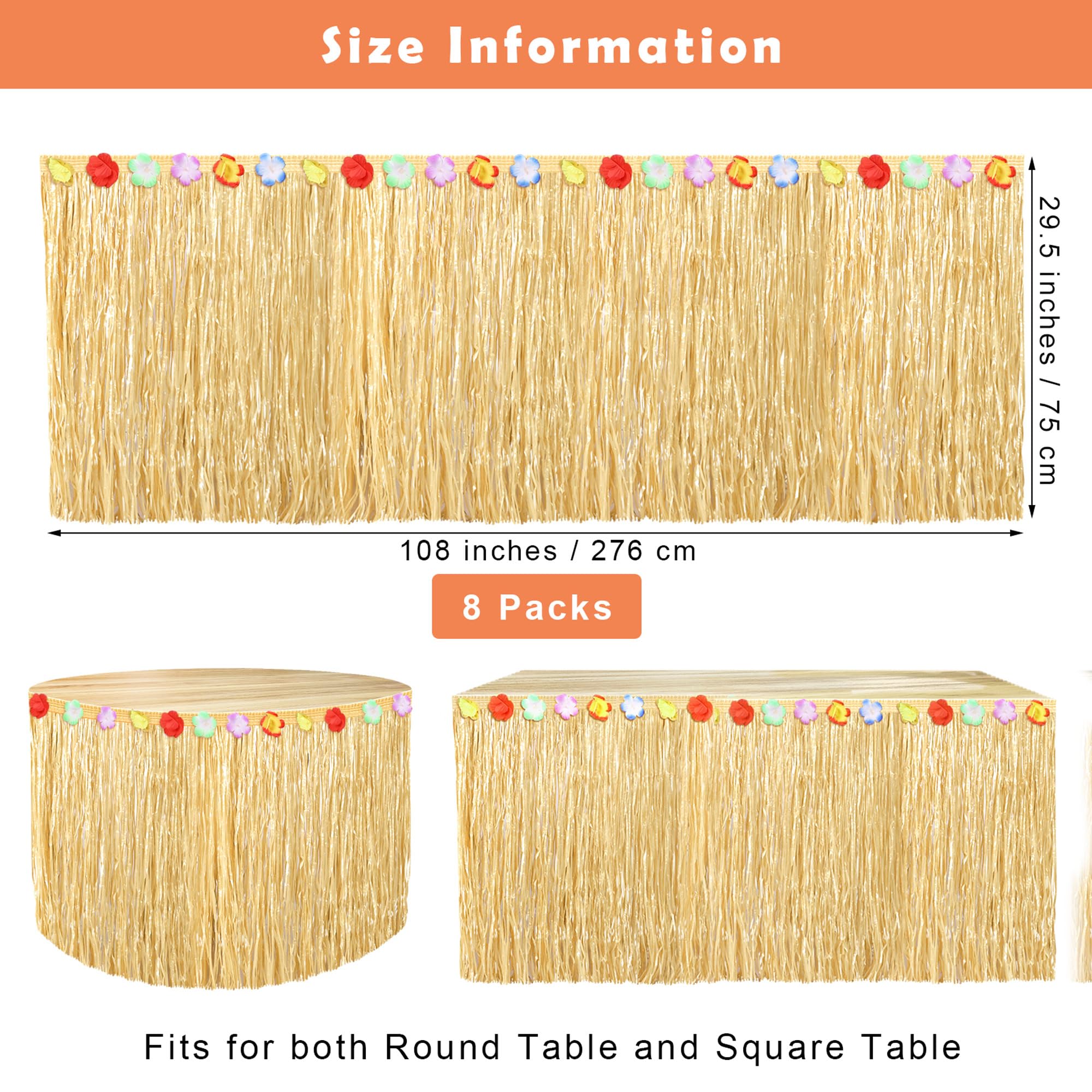 Fovths 8 Pack Luau Grass Table Skirt Natural 9 Feet x 29.5 Inch Hawaiian Table Skirt for Tropical Hawaiian Party Decorations Lua