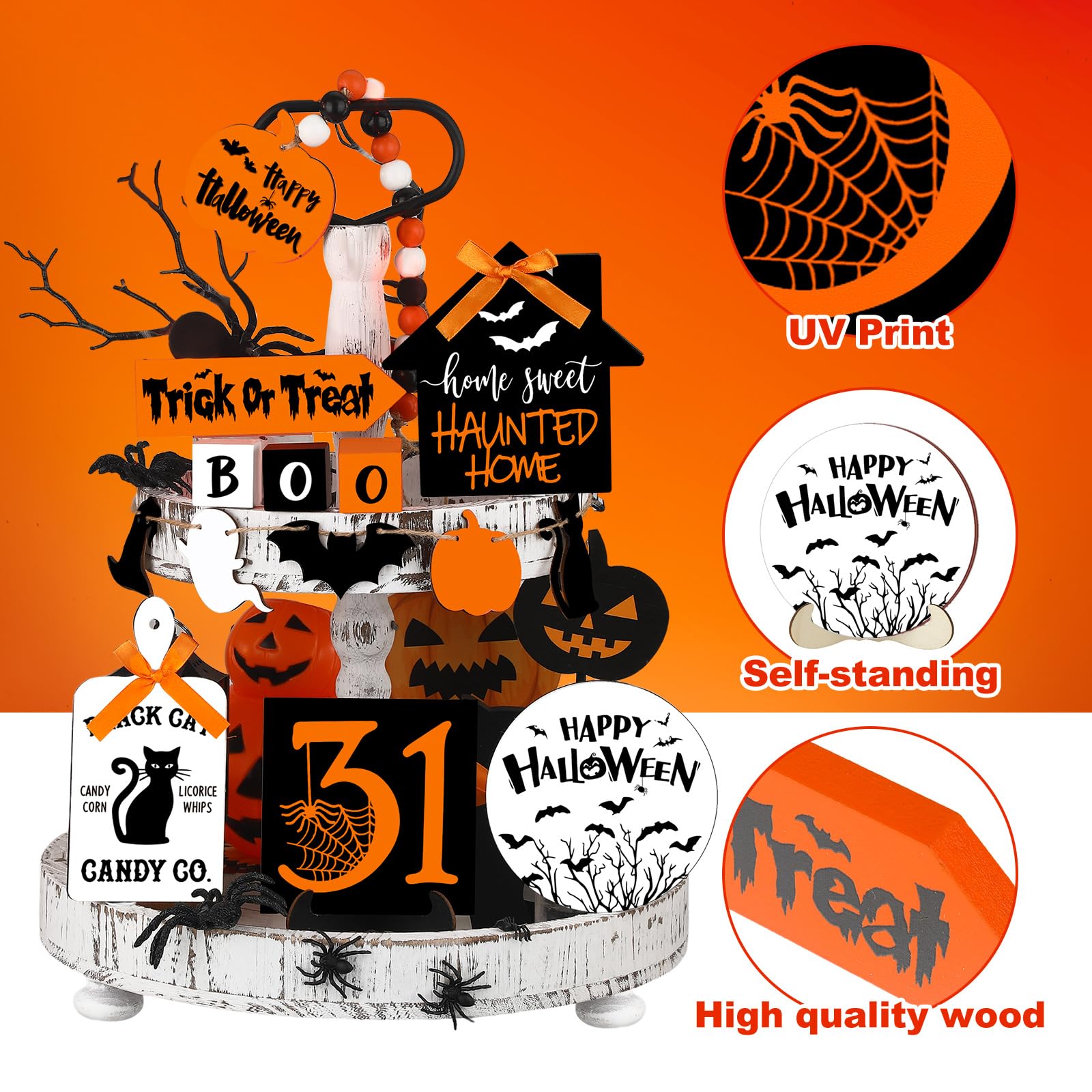 Umigy 15 Pcs Halloween Tiered Tray Decor Set Cute Ghost Tray Decorations Boo Halloween Wooden Signs Farmhouse Rustic Decoration