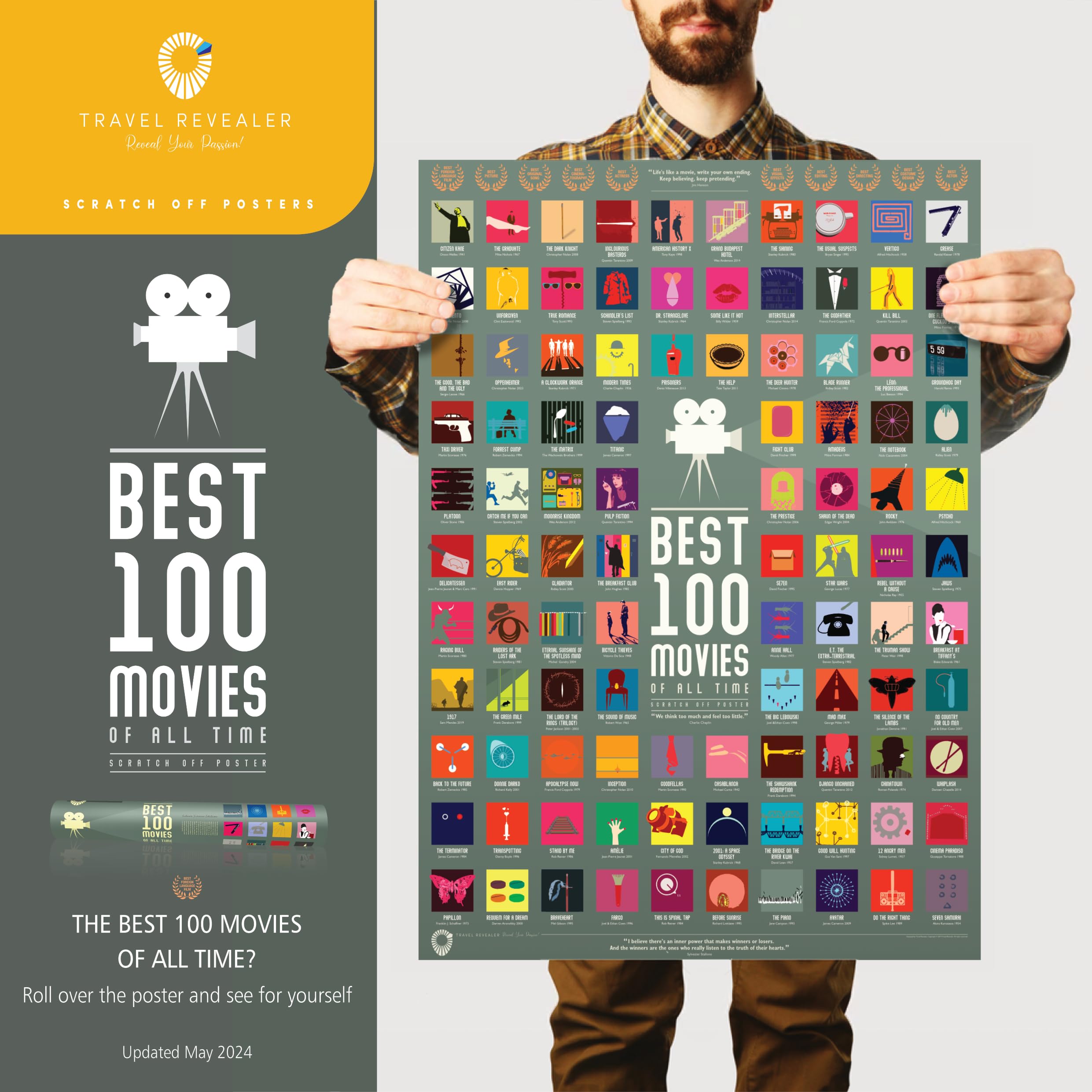 Travel Revealer Scratch Off Movie Poster - 100 IMDb Top Films, 24"x17", Silver Screen, 200GSM Matte Silk Paper with Gloss Finish