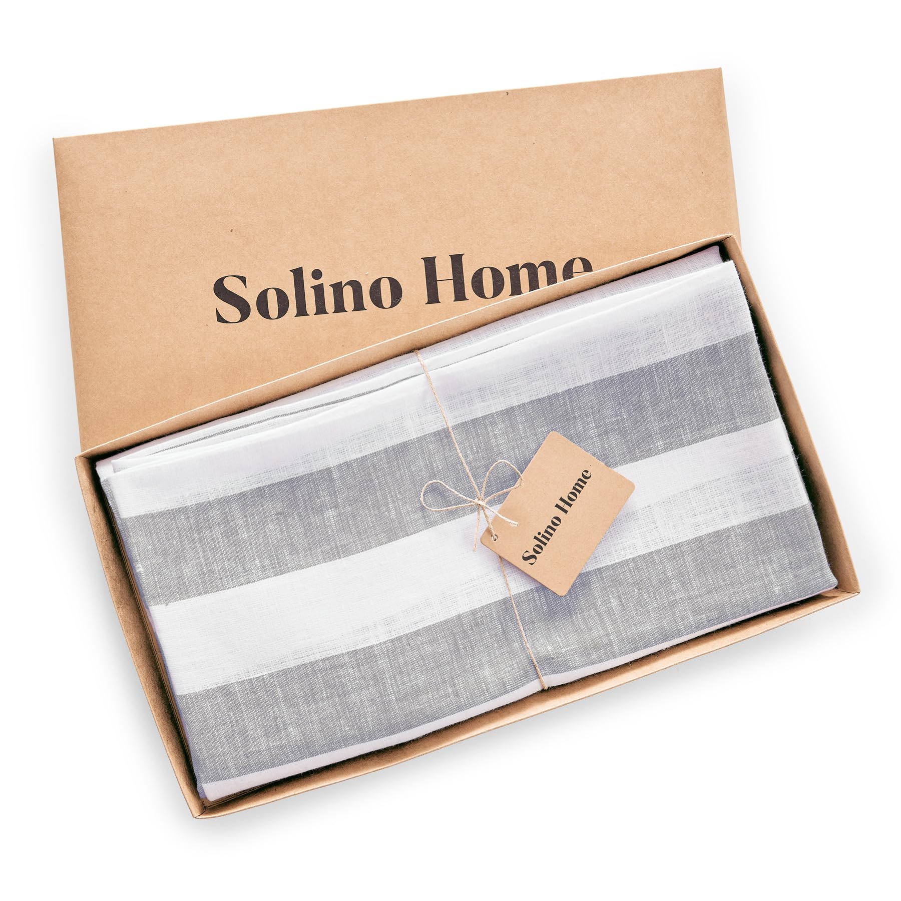 Solino Home Cabana Stripe Linen Round Tablecloth 70 Inch Diameter - 100% Pure Linen Grey And White Tablecloth For Spring, Easter