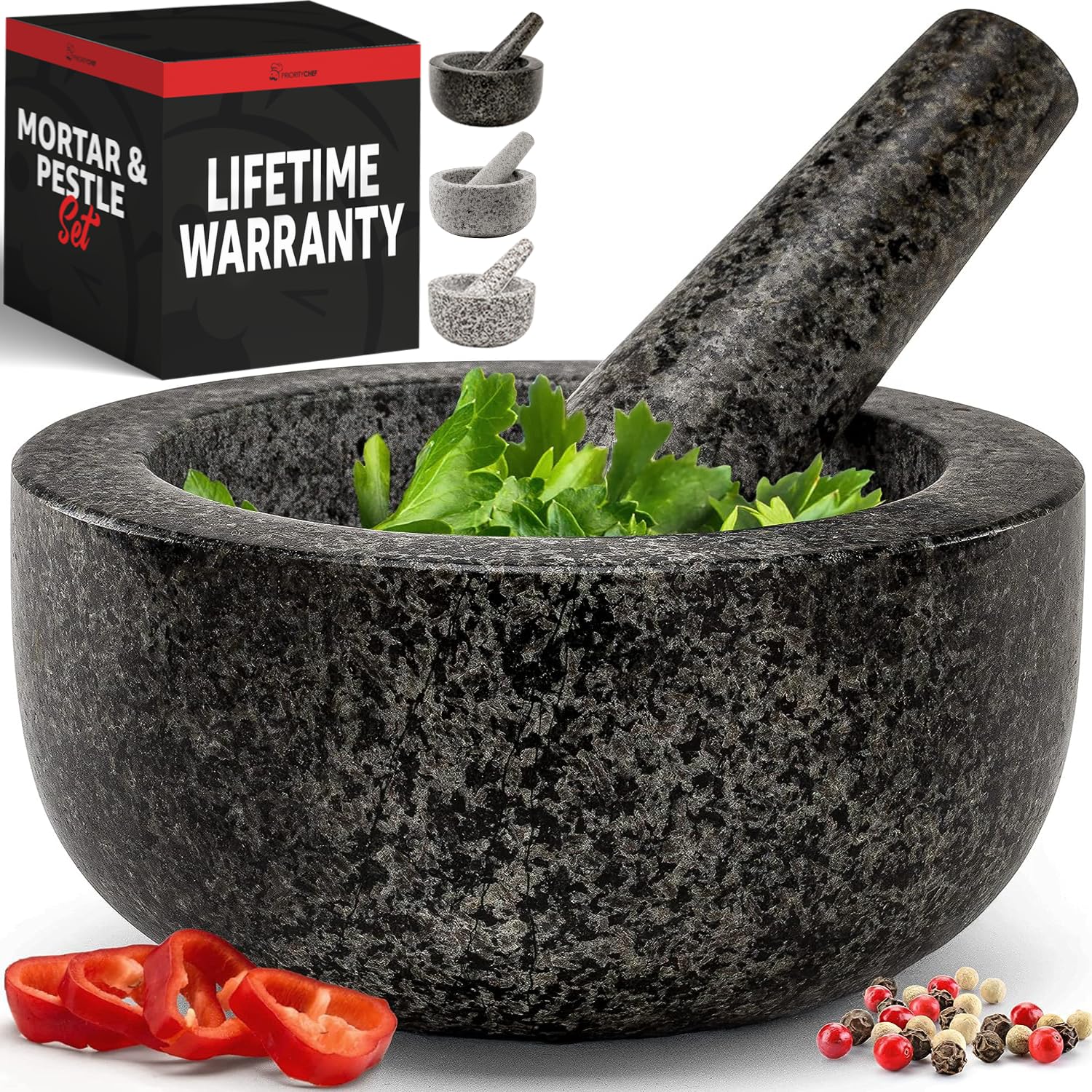 Priority Chef Heavy Duty Mortar and Pestle Set, 1.5 Cup, 100% Granite, Non Slip Base, Make Fresh Guacamole, Salsa, Pesto, Stone 