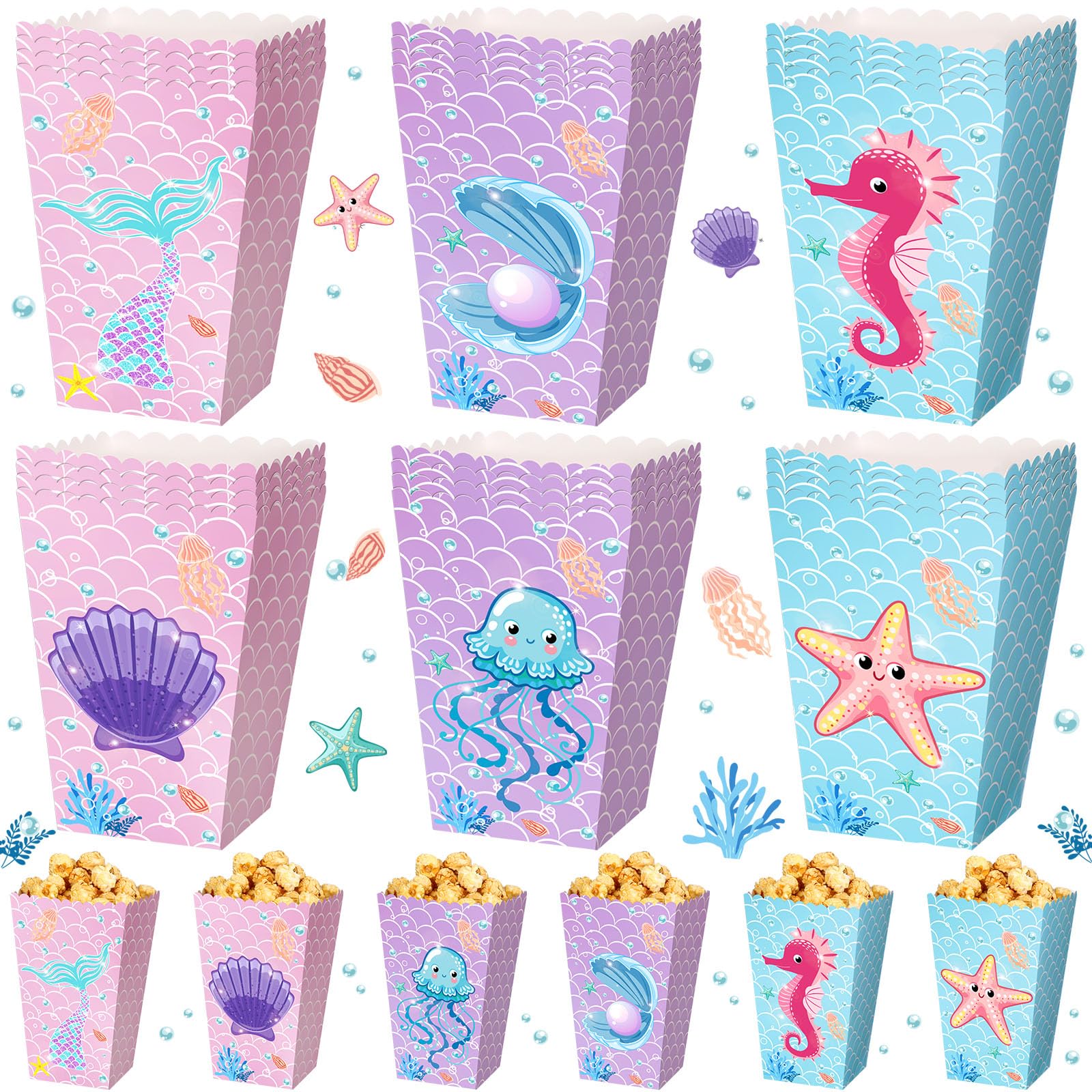 Gueevin 24 Pcs Mermaid Popcorn Boxes Mermaid Treat Boxes Candy Cookie Holder Container for Summer Birthday Ocean Under the Sea B