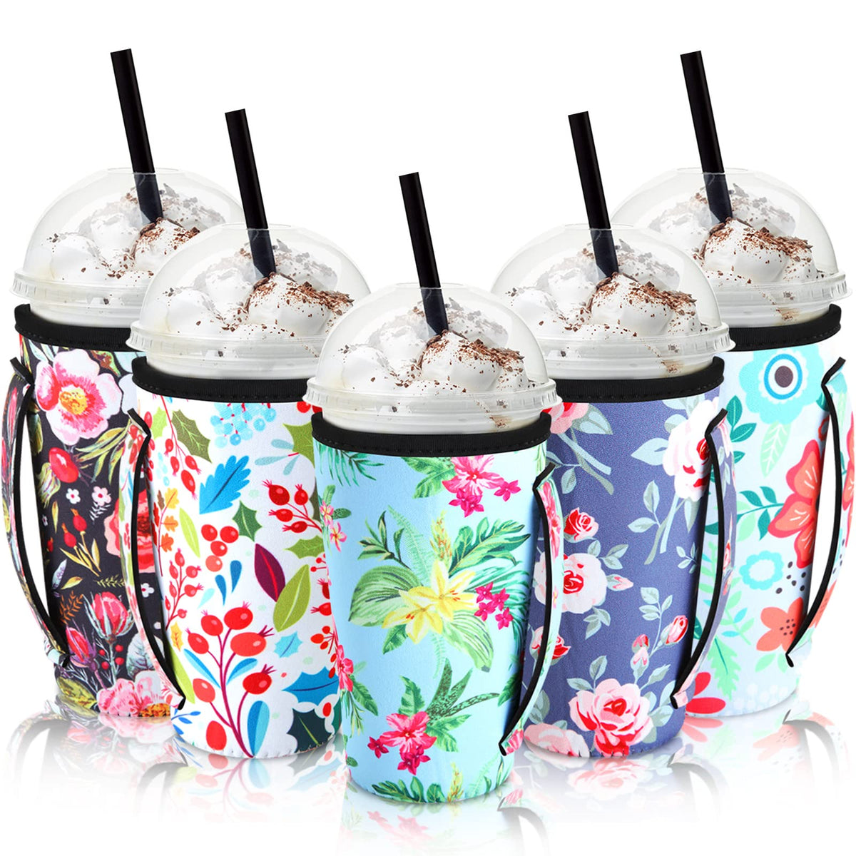 Chengu 5 Pack Iced Coffee Sleeve Flower Patterned Insulator Sleeves Reusable Sleeves For Coffee Neoprene Cup Holder For Cold Dri