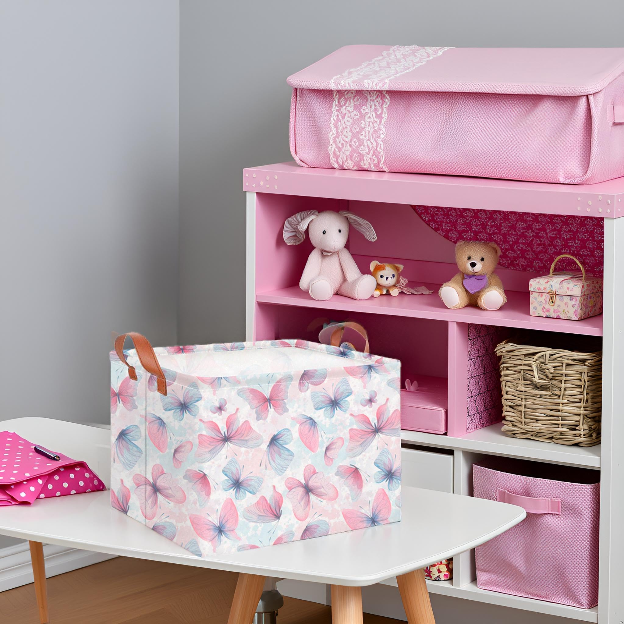CLOCOR Rectangular Butterfly Print Gift Basket Empty,Waterproof Storage Basket with Handles, Books Box,Room Decor(Pink & Purple
