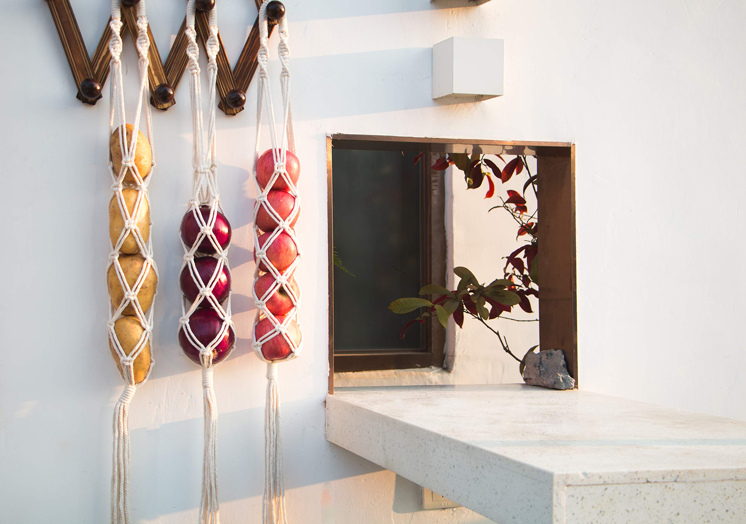 Decocove Hanging Fruit Basket - Boho Basket For Potato, Onion And Fruit Storage - Boho Wall Hanging Decor For Kitchen - Macrame
