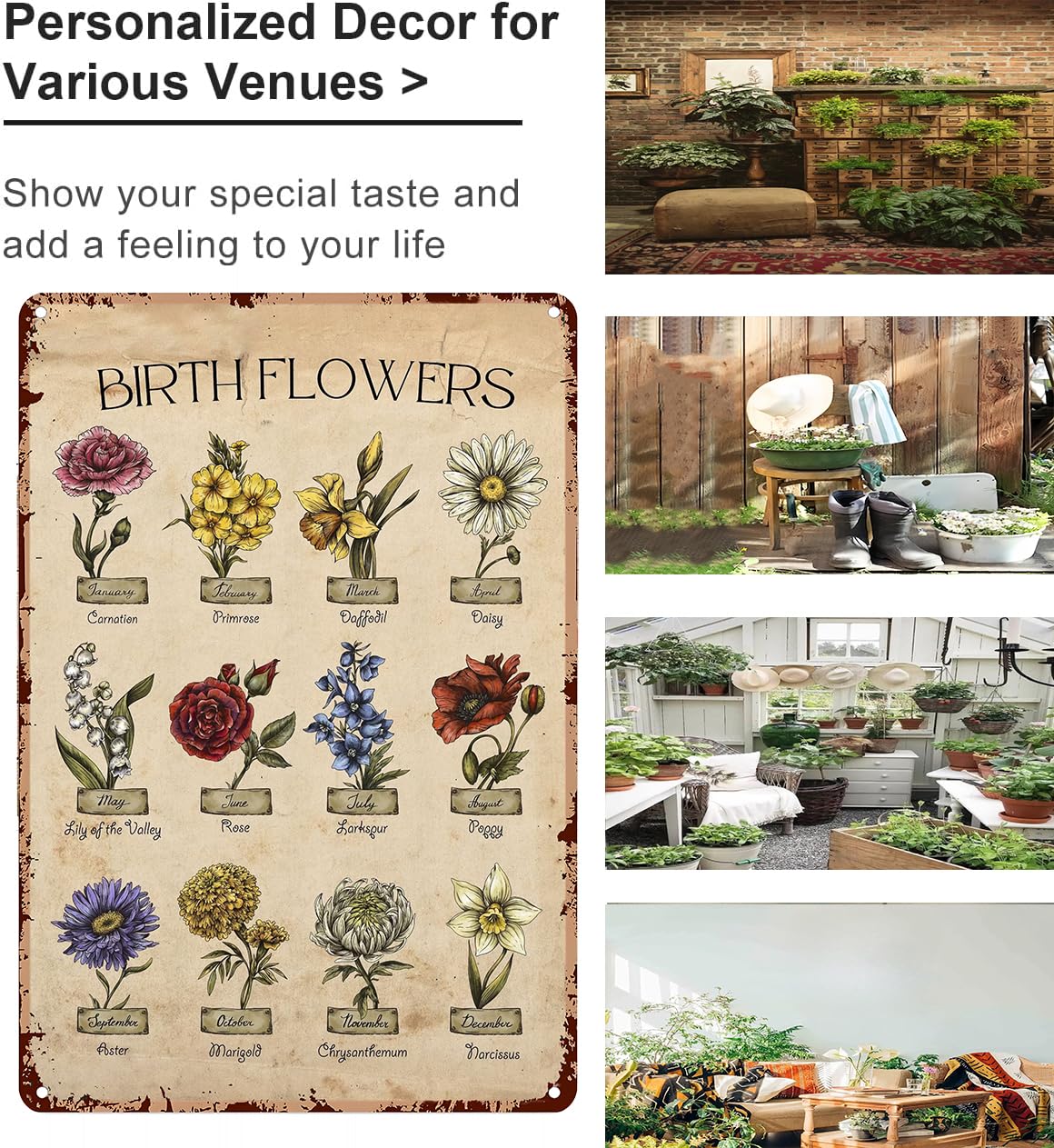 Bestylez Garden Gifts Vintage Gardening Signs Mom Grandma Birth Month Flower Tin Sign for Home Garden Greenhouse Living Room Bed