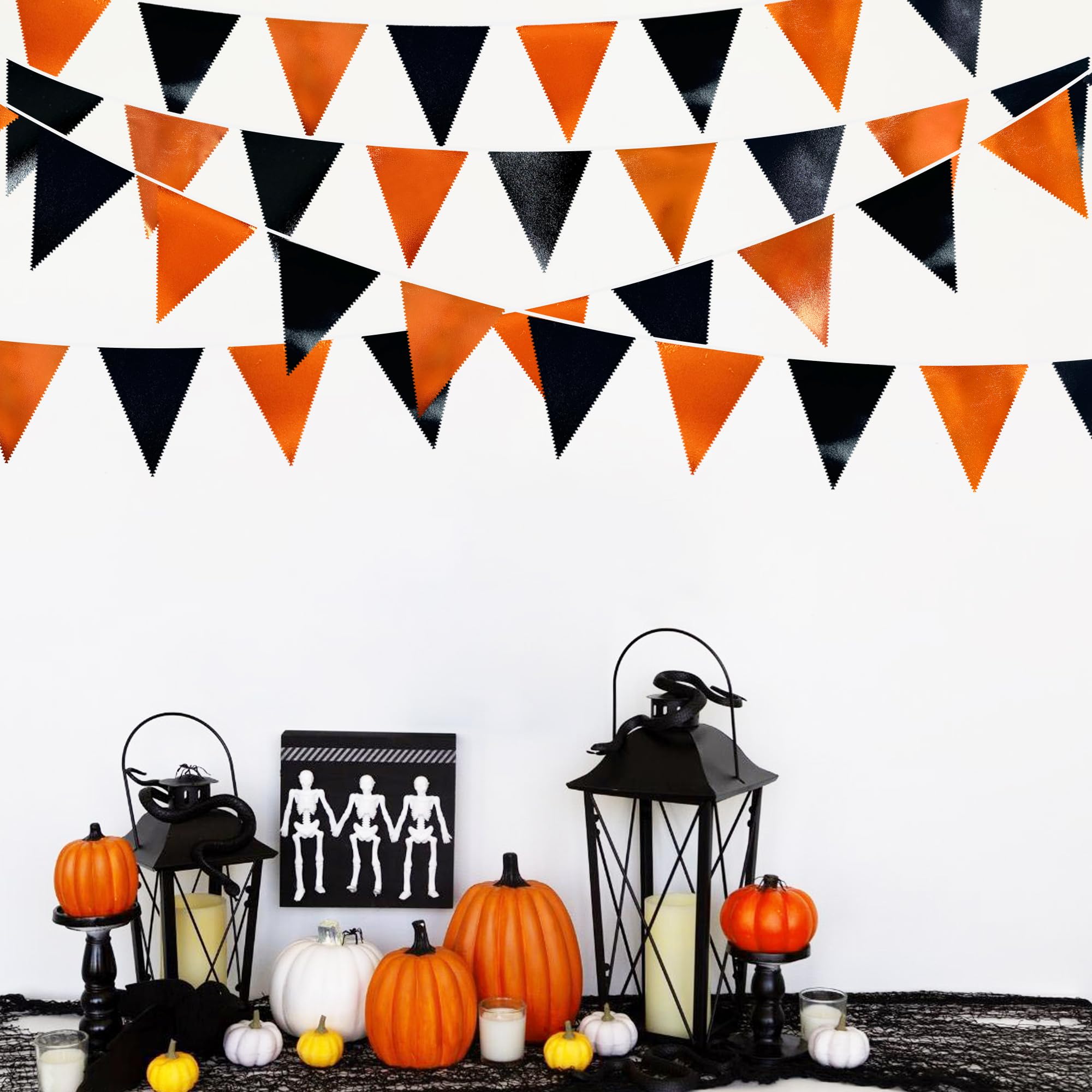 Black Orange Party Decoration Metallic Fabric Triangle Pennant Banner Flag Bunting Garland For Graduation Halloween Fall Autumn