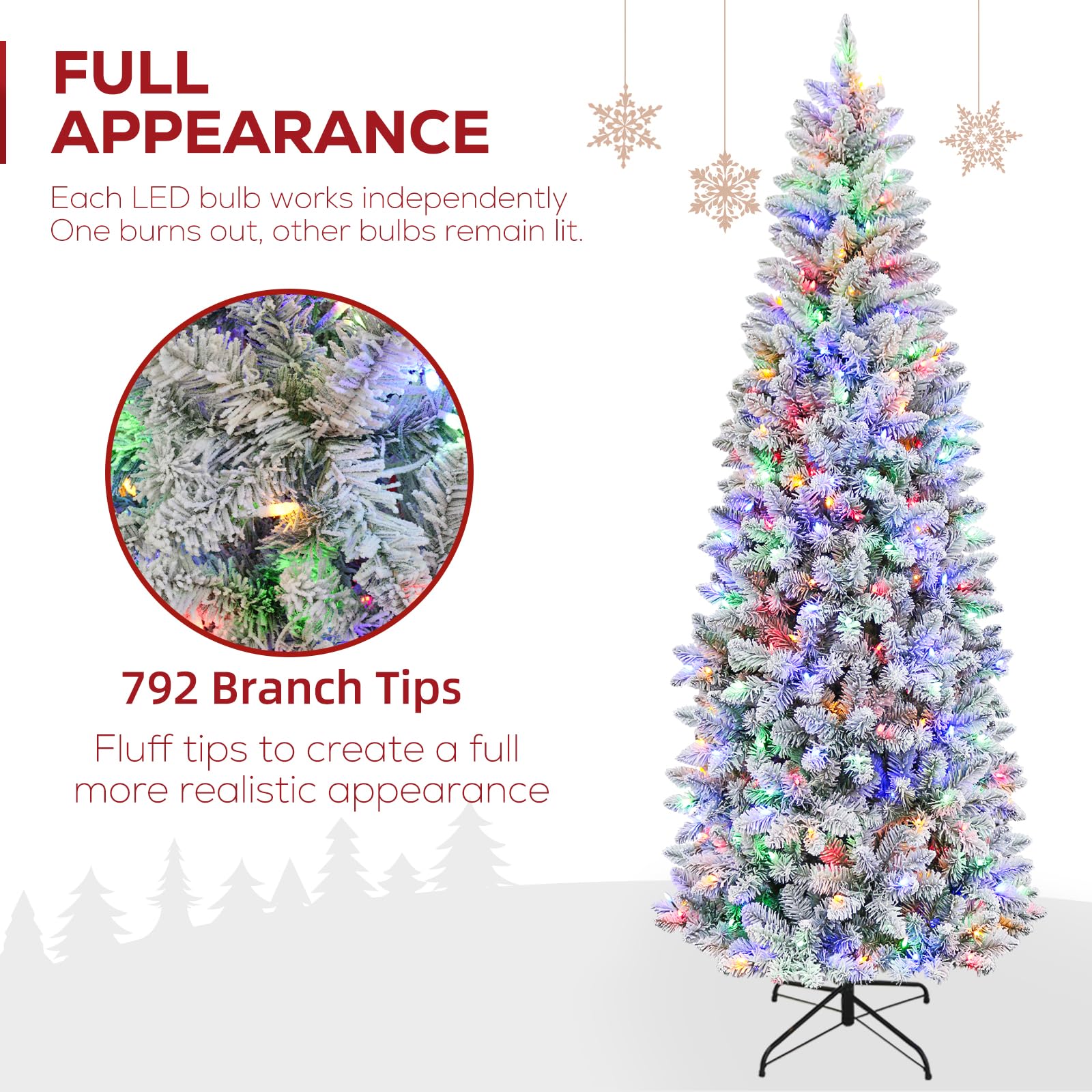 Hykolity 7.5 ft Pencil Prelit Christmas Tree, Artificial Slim Christmas Tree with 300 Multicolor LED Lights, 792 PVC Branch Tips