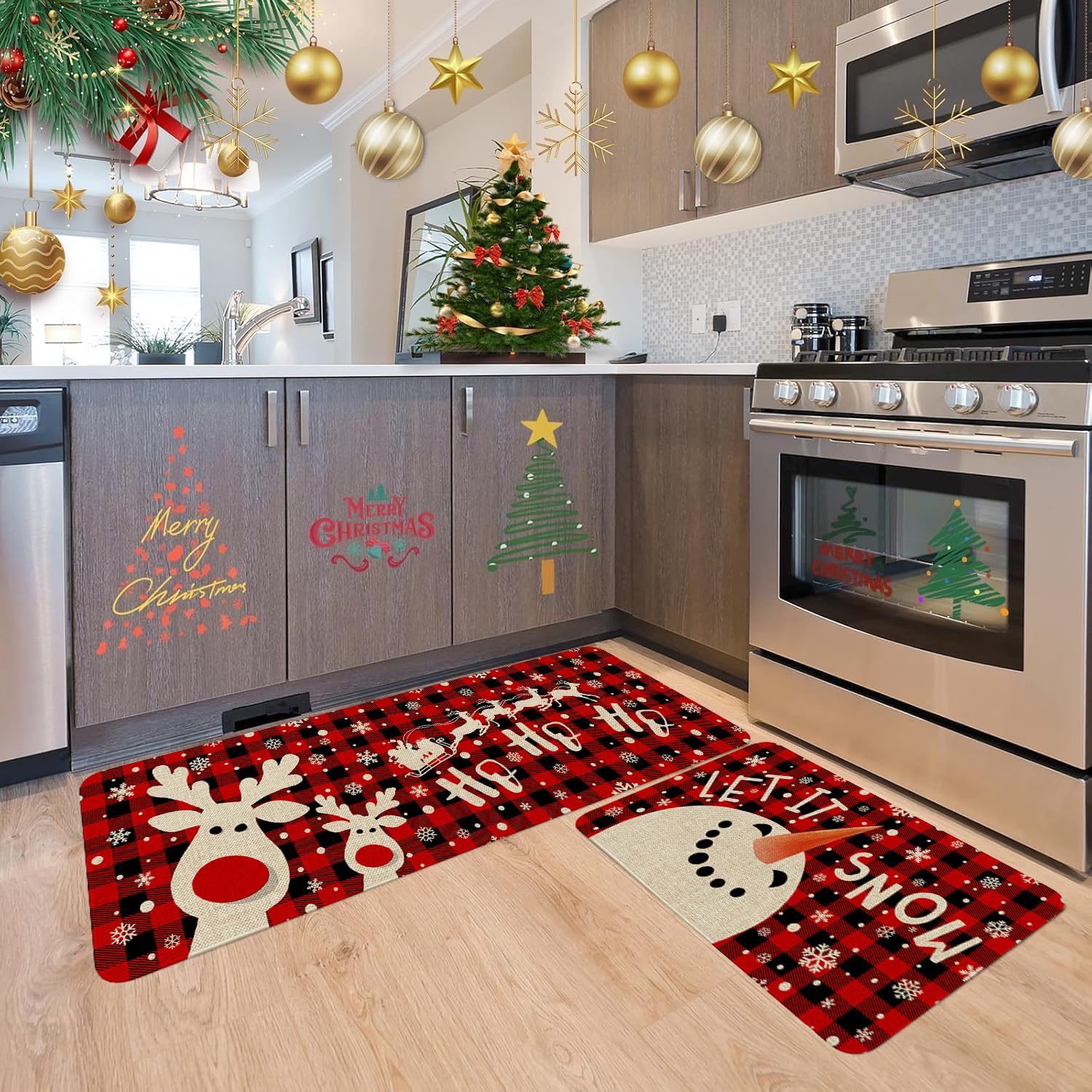 Christmas Kitchen Mat Decor, Snowman Reindeer Winter Holiday Christmas Kitchen Rugs Sets of 2, Red Buffalo Plaid Christmas Rugs