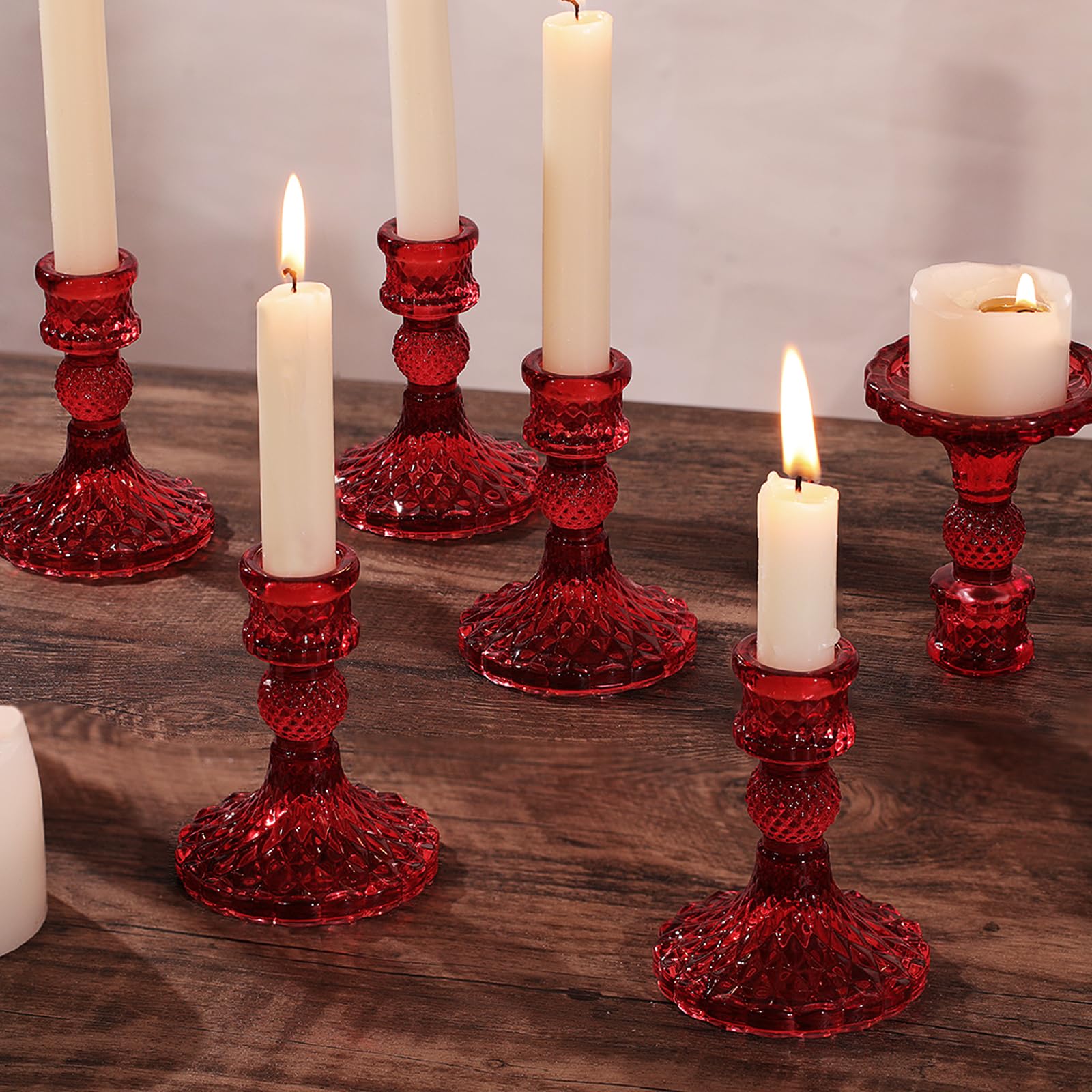 12Pcs Red Candlestick Holders Set- 4 H Taper Candle Holders Bulk, Glass Candle Holders for Activities, Party, Romantic Dinner Ta