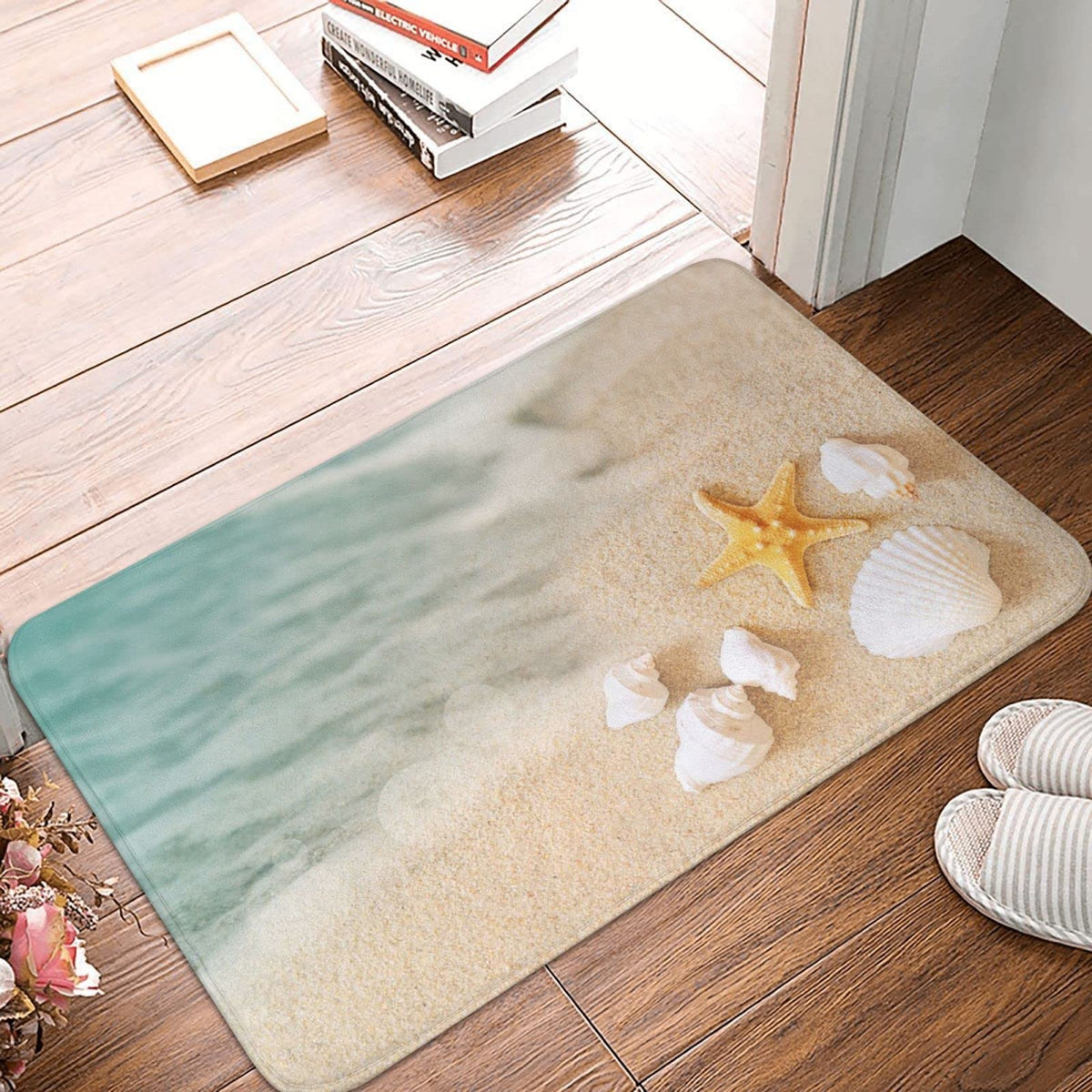 Coastal Beach Starfish Bath Mats For Bathroom, Soft Absorbent Bath Rug Non-Slip Floor Rug Carpets For Kitchen Bathroom Laundry B