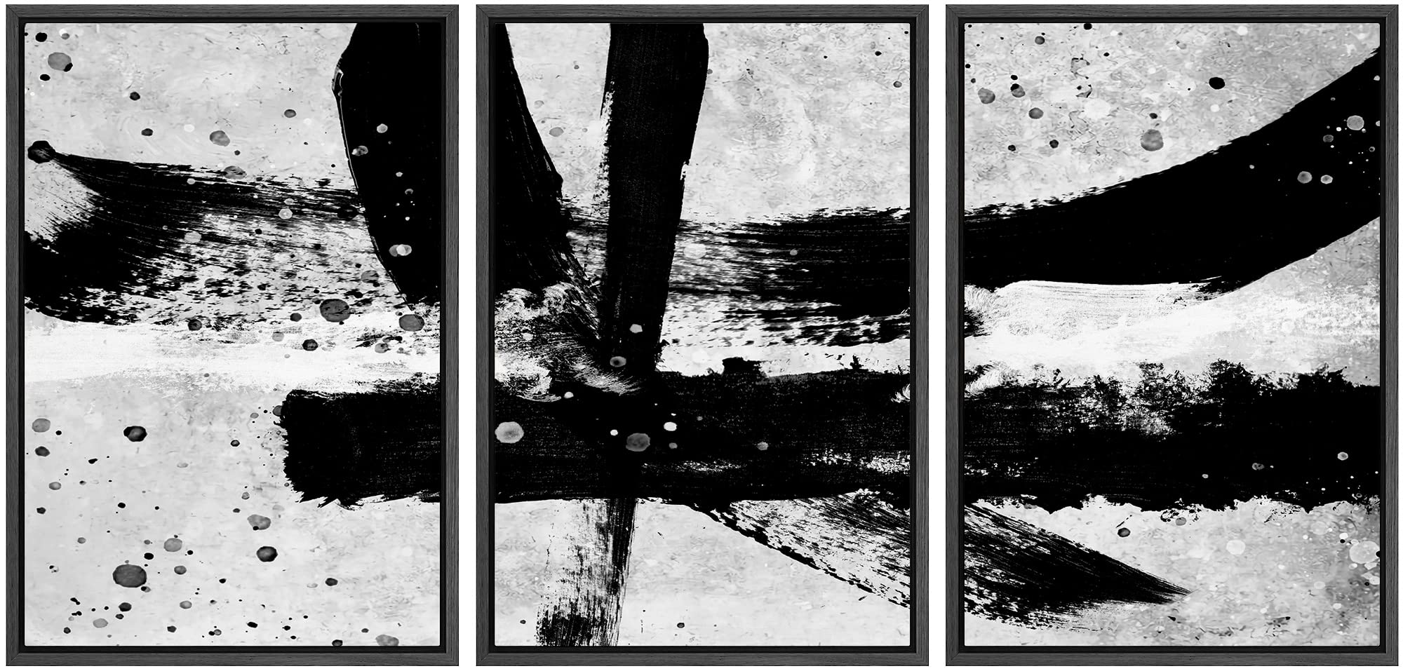 Idea4Wall Framed Wall Art Print Set Black & White Paint Strokes & Dots Abstract Shapes Illustrations Modern Art Alternative Scen