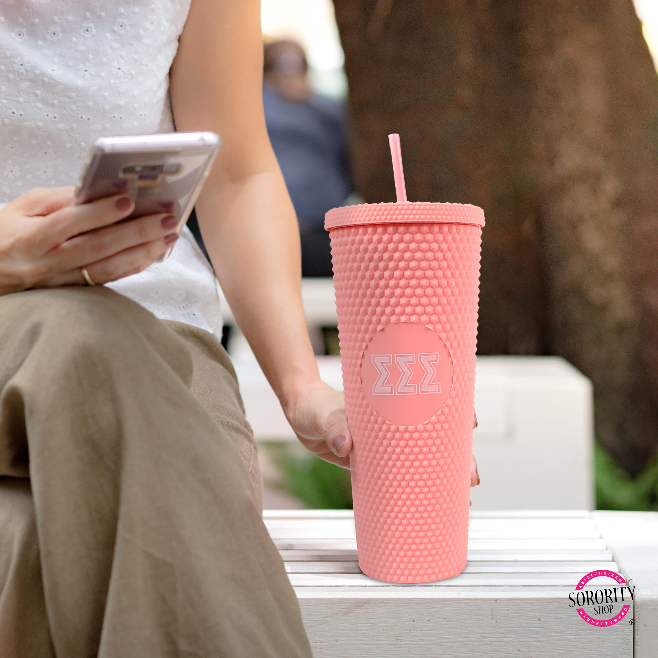 Sorority Shop Theta Phi Alpha Studded Tumbler With Straw - 24 Oz Tumbler With Lid And Straw, Matte Coral, Reusable Plastic Cup W