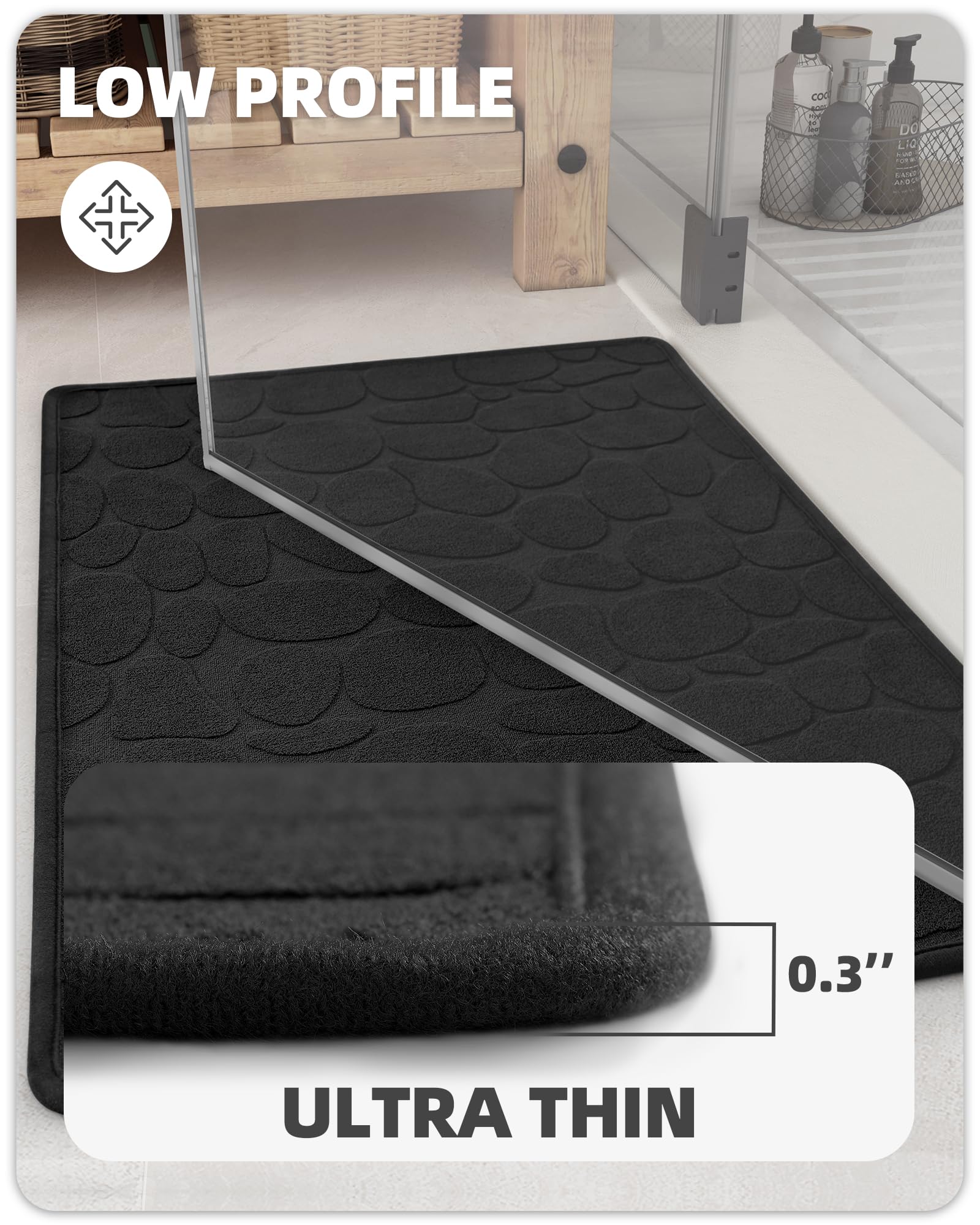 Color&Geometry Quick Dry Thin Bathroom Rugs Fit Under Door- Super Absorbent, Non Slip Rubber Backing, Non Shedding, Washable Bla