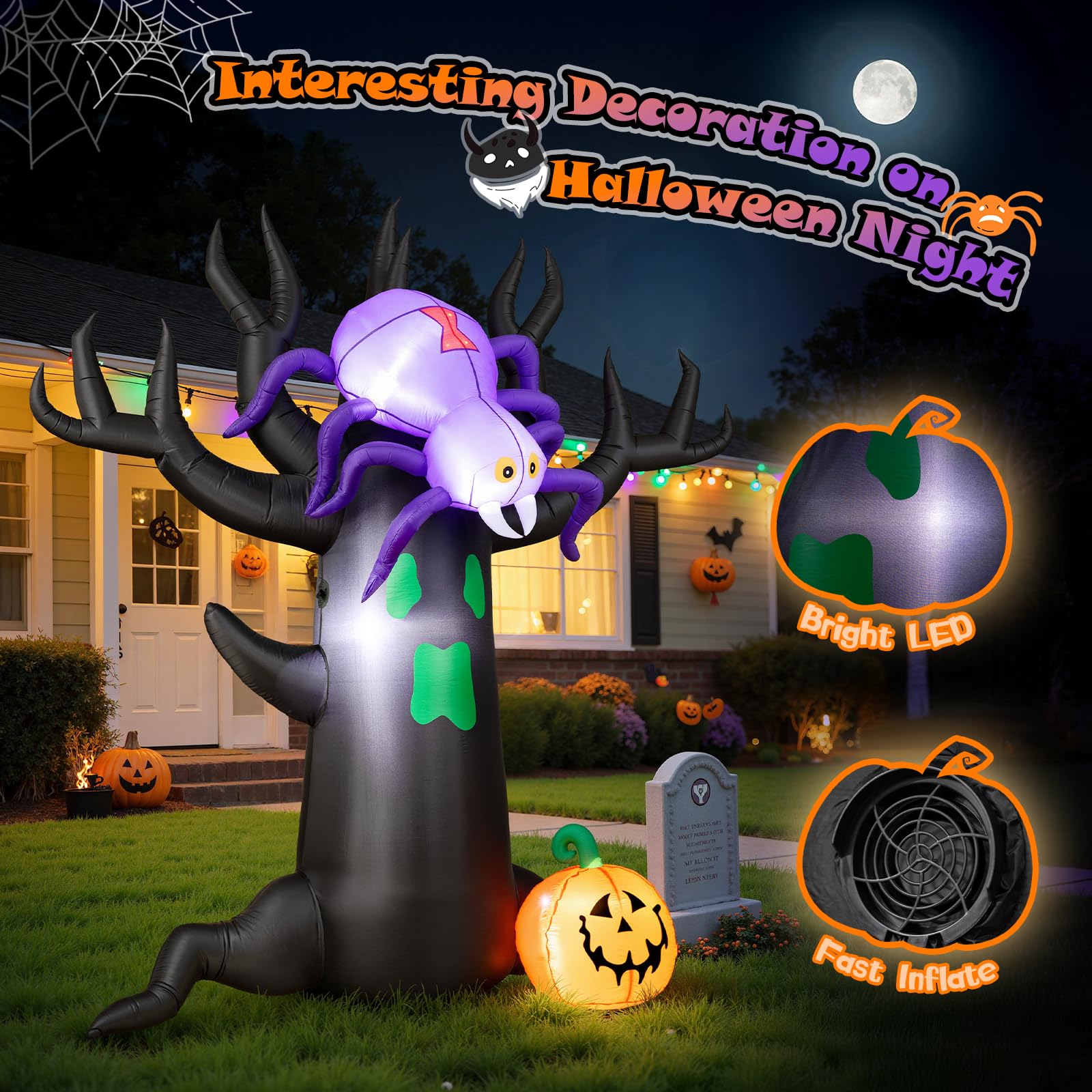 7FT Halloween Inflatable Tree with Giant Purple Spider and Pumpkin, Spooky Blow Up Yard Decoration with LED Lights for Outdoor L