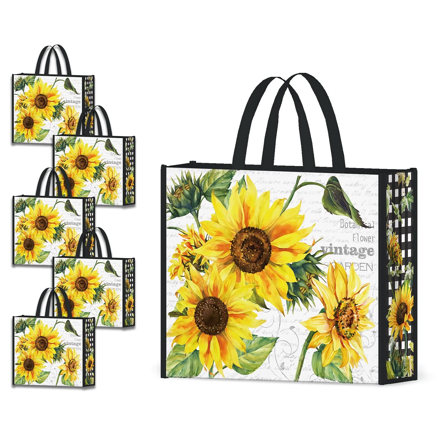 Nymphfable 5 Pack Reusable Shopping Bags Sun Flowers Washable Grocery Bags Fabric Tote Bag