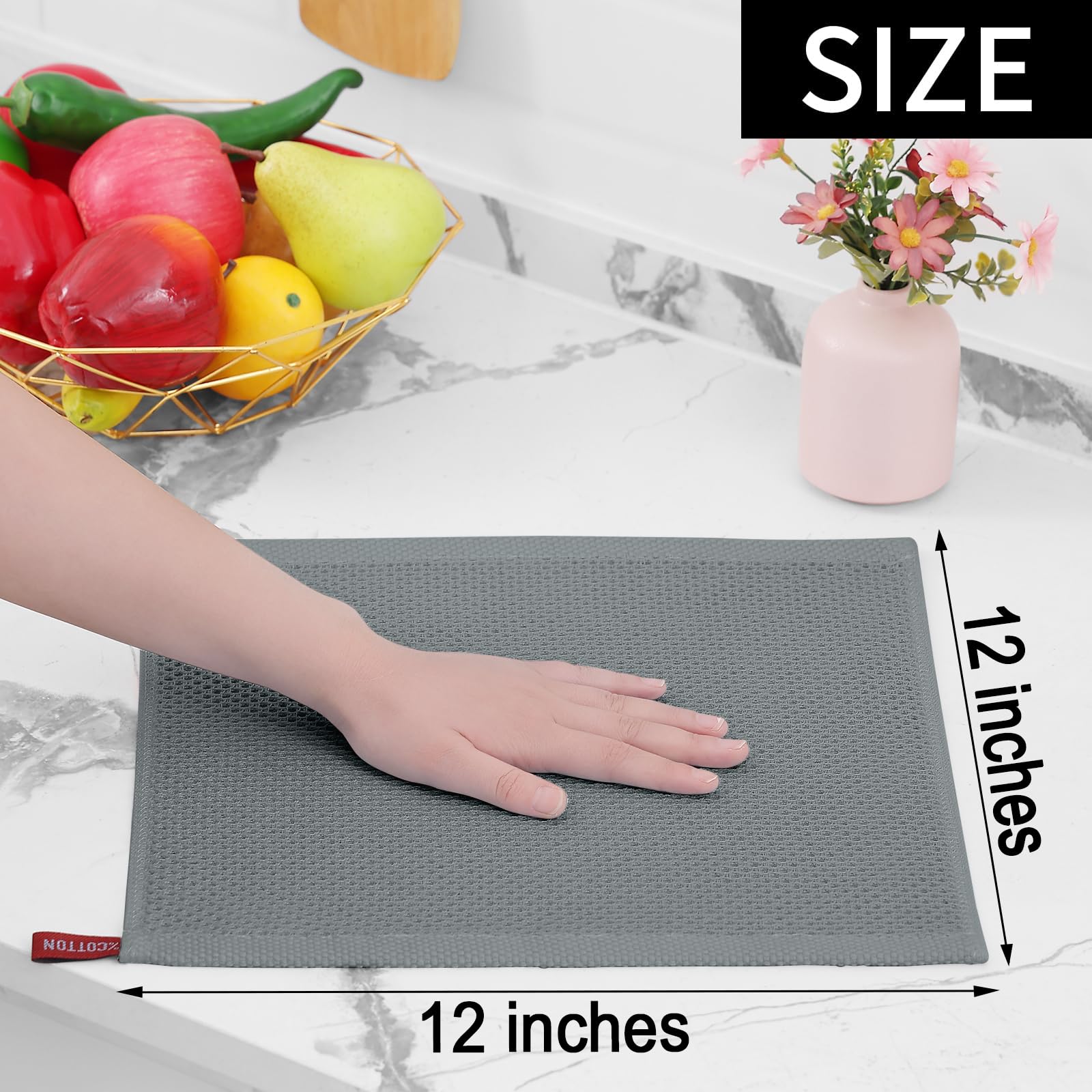 Homaxy 100% Cotton Waffle Weave Kitchen Dish Cloths, Ultra Soft Absorbent Quick Drying Dish Towels, 12 x 12 Inches, 12-Pack, Gre
