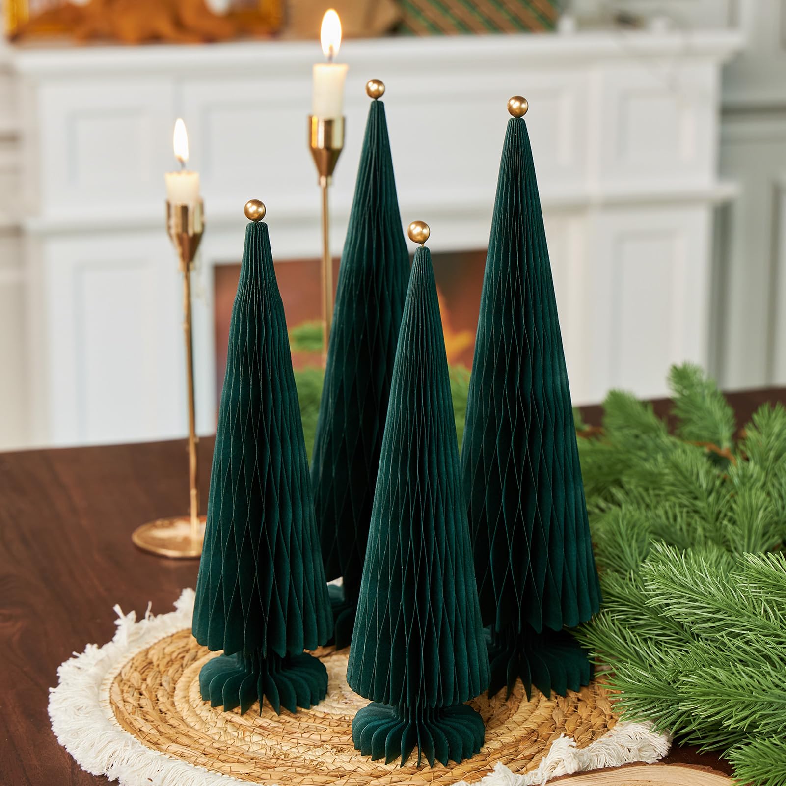 OBBOBO Green Paper Christmas Tree 4 Piece with Mini Shiny Ball Accent, XMARS Holiday Centerpieces for Home Office Party Decor