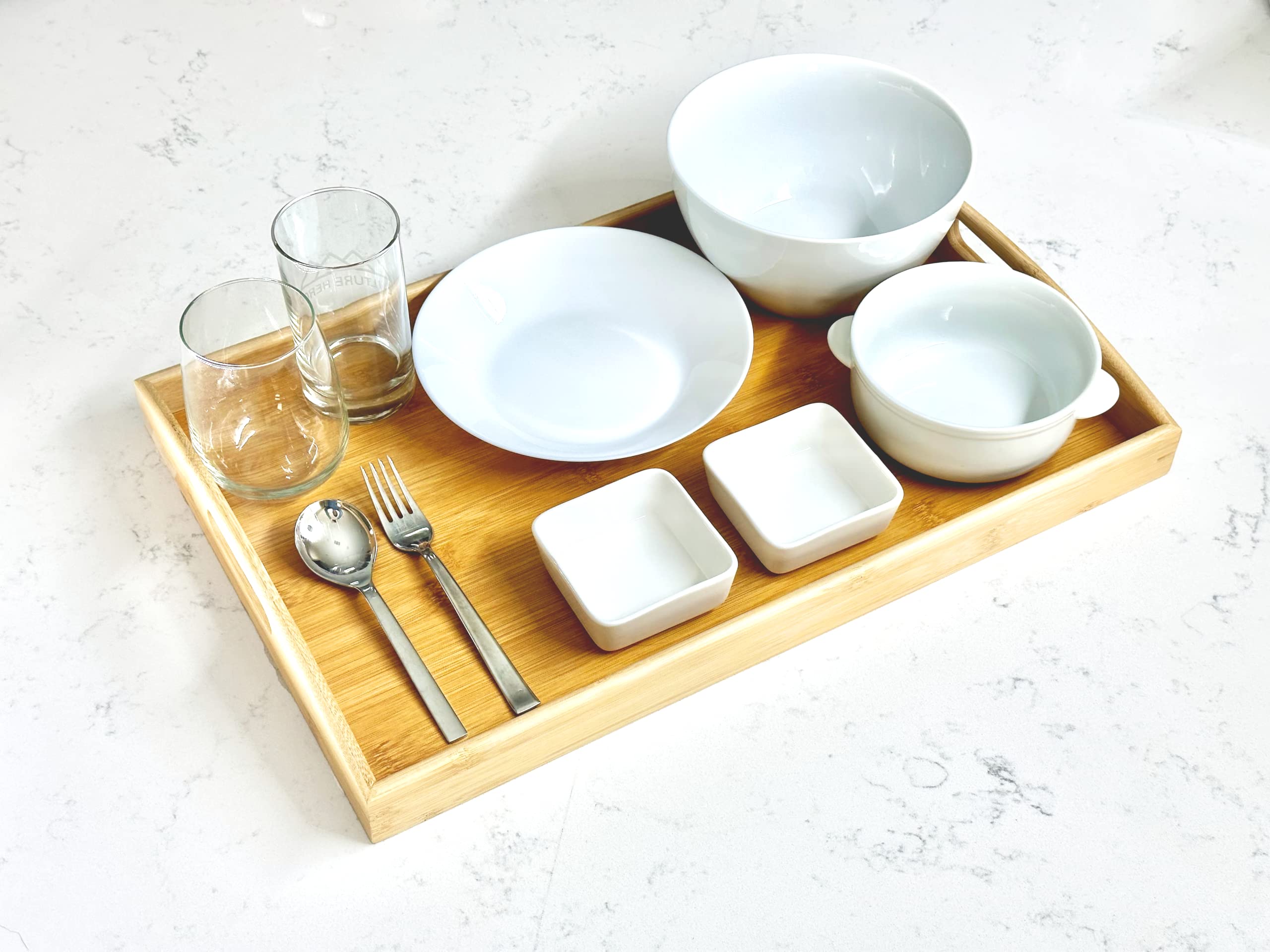 Bam & Boo Natural Bamboo Serving Tray Extra Large Rectangular With Handles For Food, Drinks, Storage, Decor, Vanity, Breakfast,
