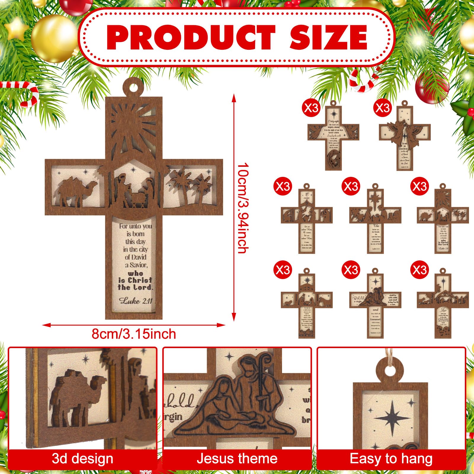 Seeloowy 24 Pcs Christmas Wooden Cross Ornaments for Tree Christian Religious Cross Hanging Ornaments Christian Nativity Scene G