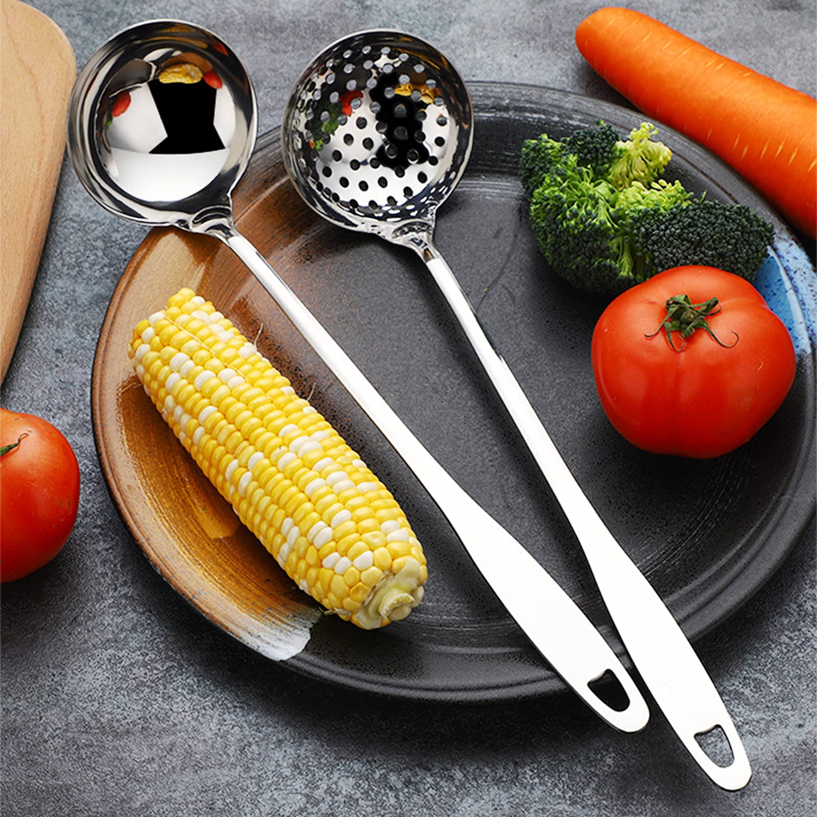 iPstyle Stainless Steel Soup Spoon Set - Heavy Duty 12" Ladle with Mirror Finish - Perfect for Hotpot and Serving Soup (2PCS)