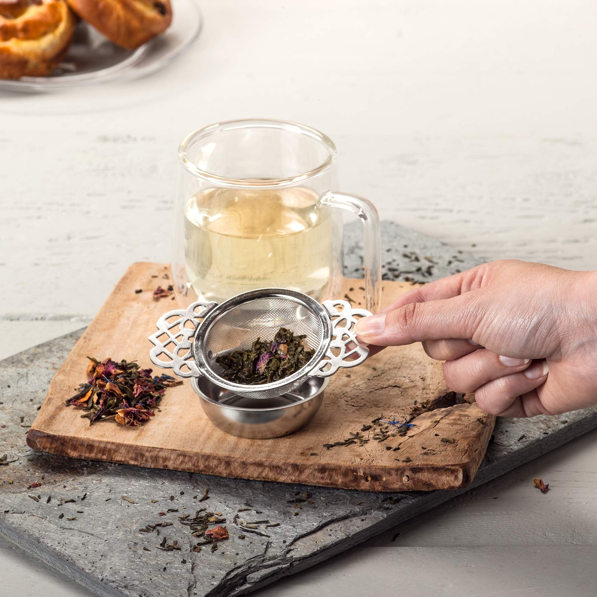 Kilo D13 Stainless Steel Double Arm Strainer With Drip Collector For Loose Leaf Teas