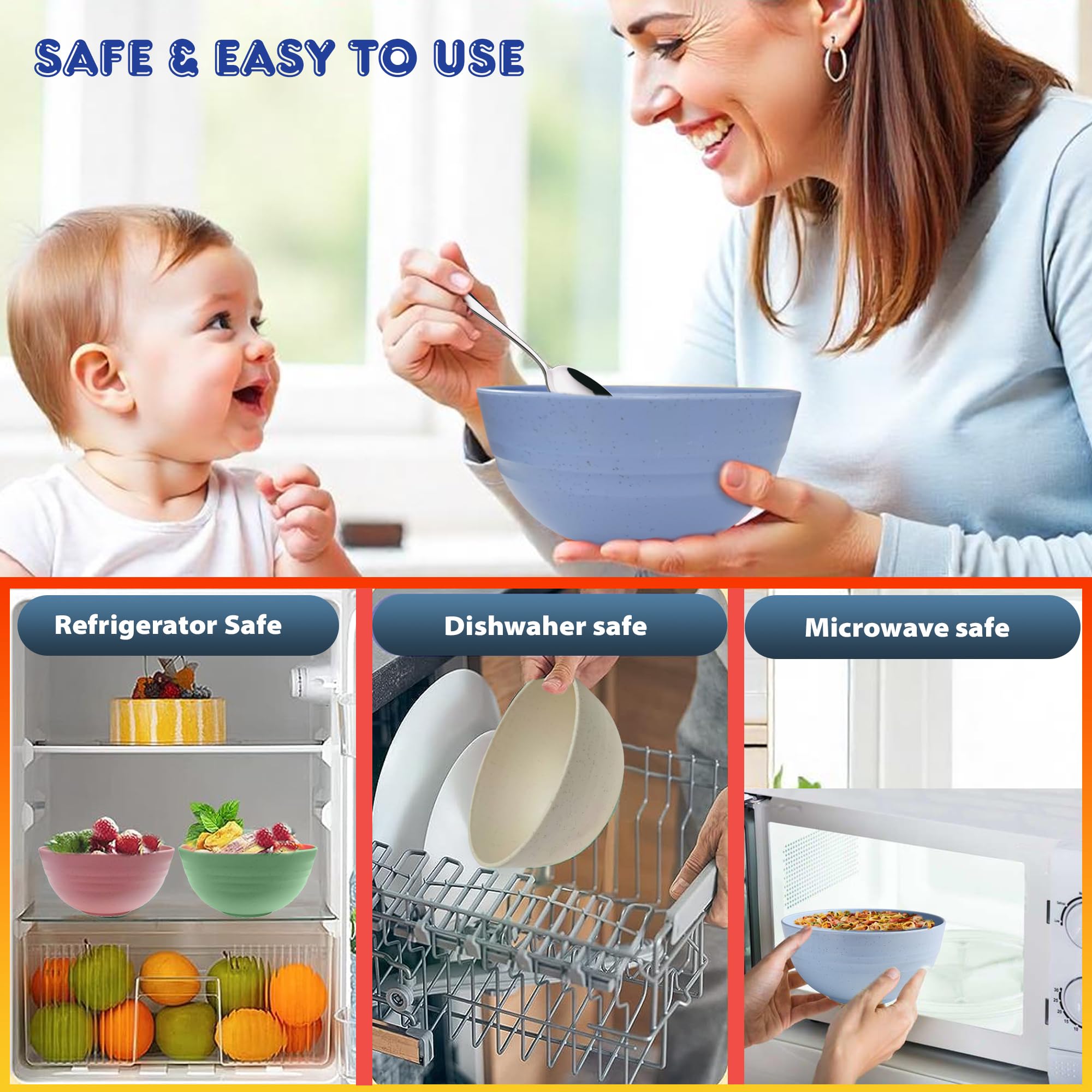 Ecomace Unbreakable Bowls For Kids & Elders - Wheat Straw Bowls | Microwave-Safe Bowls For Heating Food | Cereal Bowl For Salad,