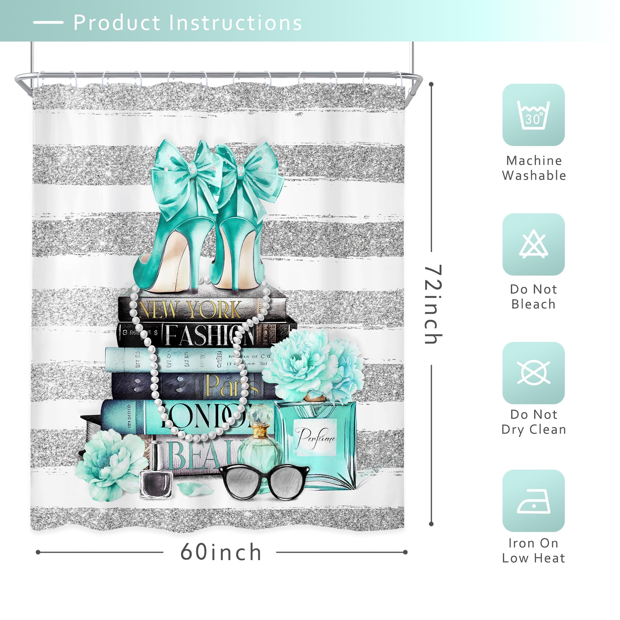 Riyidecor Fashion Women Shower Curtain 60Wx72H Inch Teal Silver Modern Magazine Girly White Stripe Rose Flower High Heel Makeup for Girl Bathroom Decor Fabric Polyester Waterproof 12 Pack Hooks