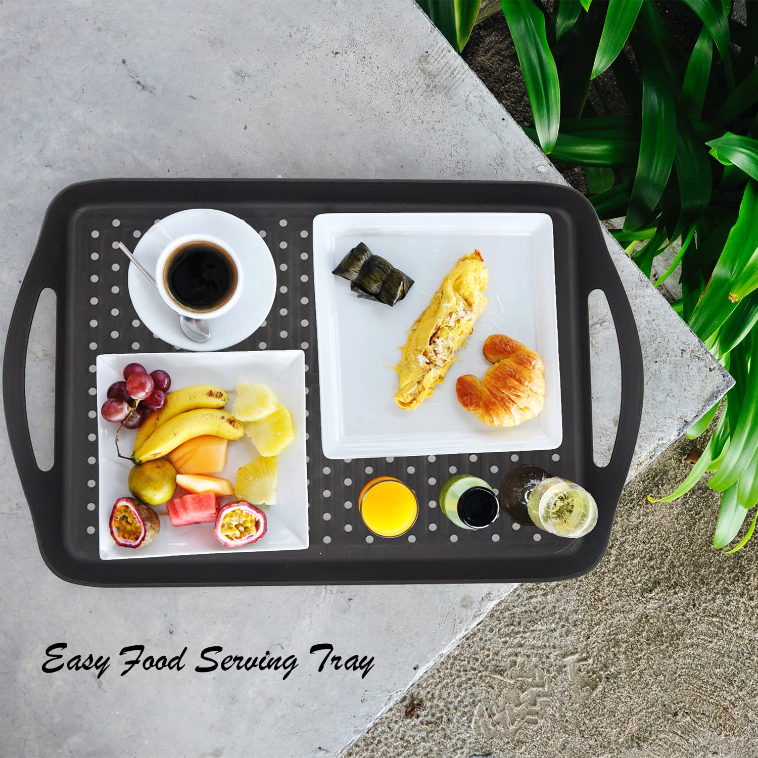 Ecoiou Non Slip Food Serving Tray With Handles, 2-Pack Rectangle Anti-Slip Non-Toxic Dishwasher Safe Tray For Snack Fruit Desser