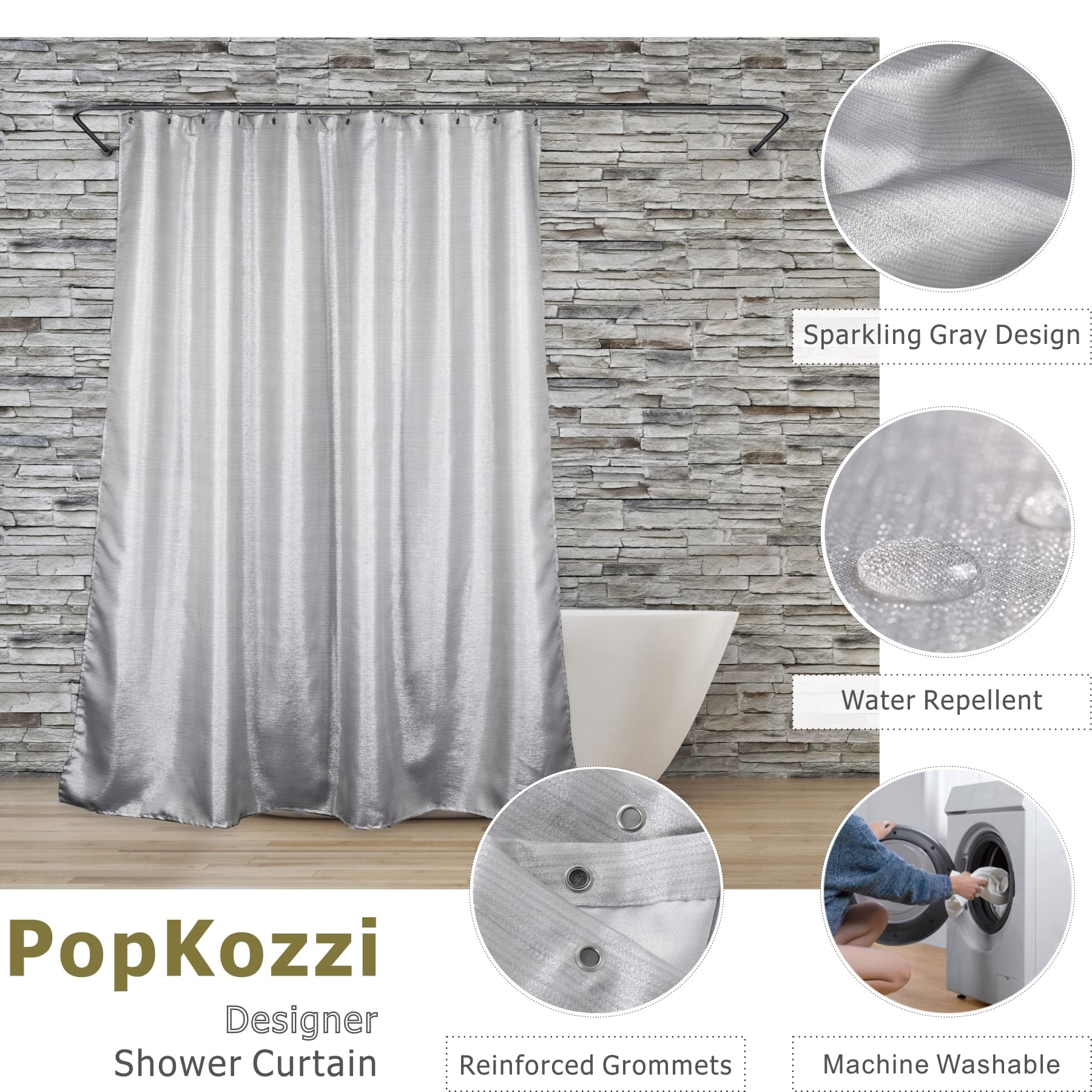 Silver Grey Sparkle Shower Curtain: Modern Luxury Elegant Light Gray Metallic Fabric Curtain Set For Bling Glamour Festive Bathr