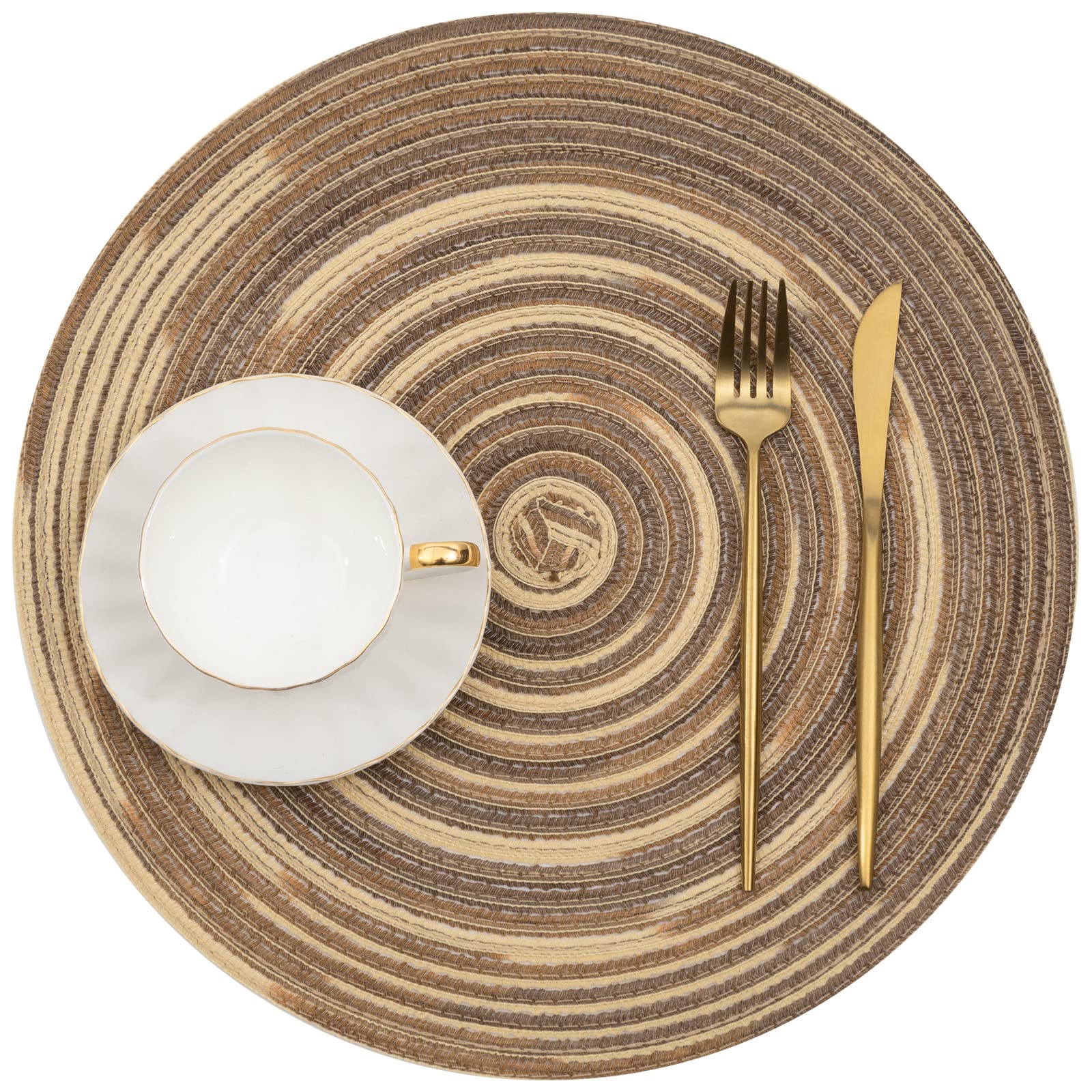 SHACOS Round Placemats Set of 6 Washable 15 inch Variegated Braided Round Place Mats Kitchen Table Mats (Rainbow Brown, 6)