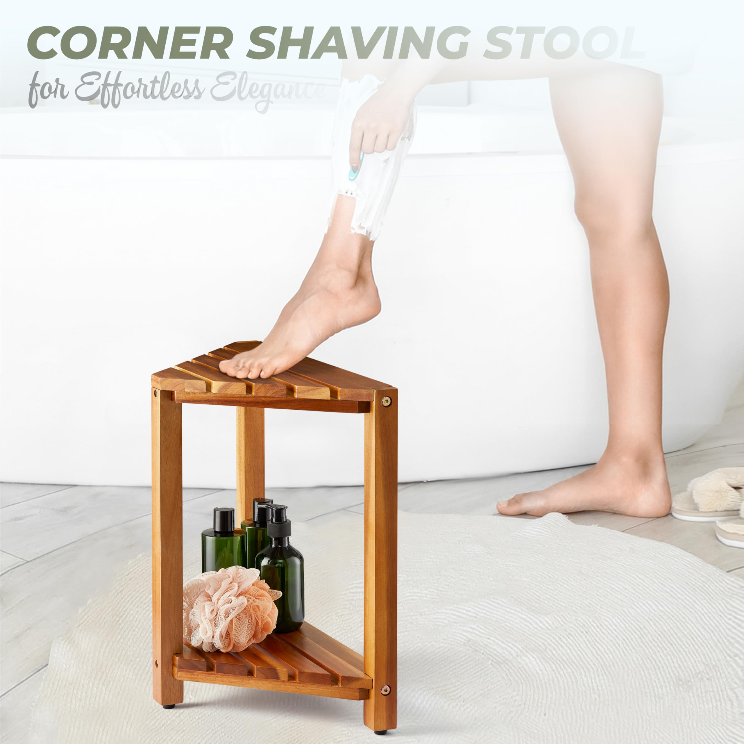 Bluewest Corner Shower Stool, Wooden Corner Shower Bench For Shaving Legs Inside Shower, Waterproof Shower Foot Rest With Storag