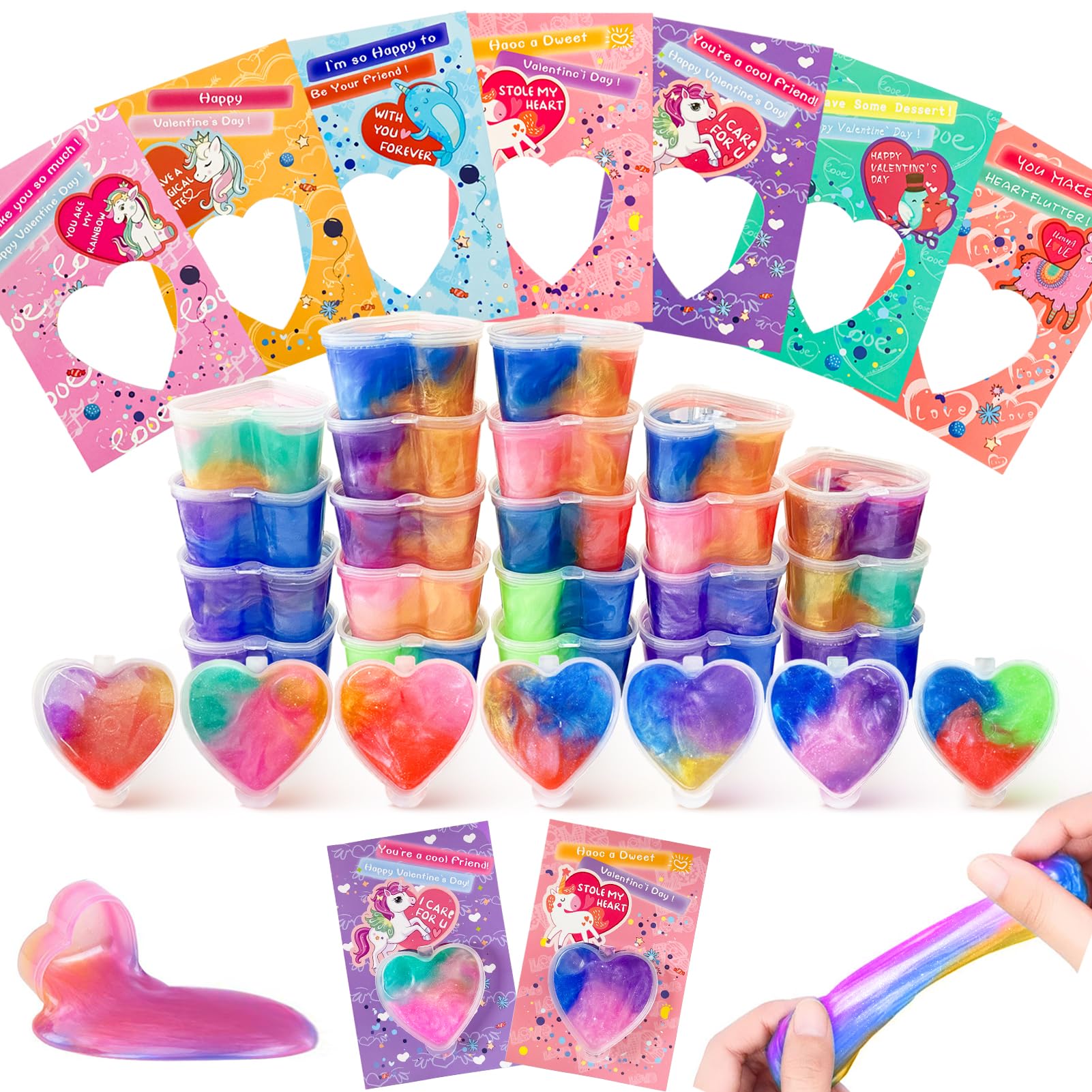 28 Pack Valentines Day Galaxy Slime Hearts With Valentines Cards For Kids Valentine Classroom Exchange Unicorn Cards, School Gam