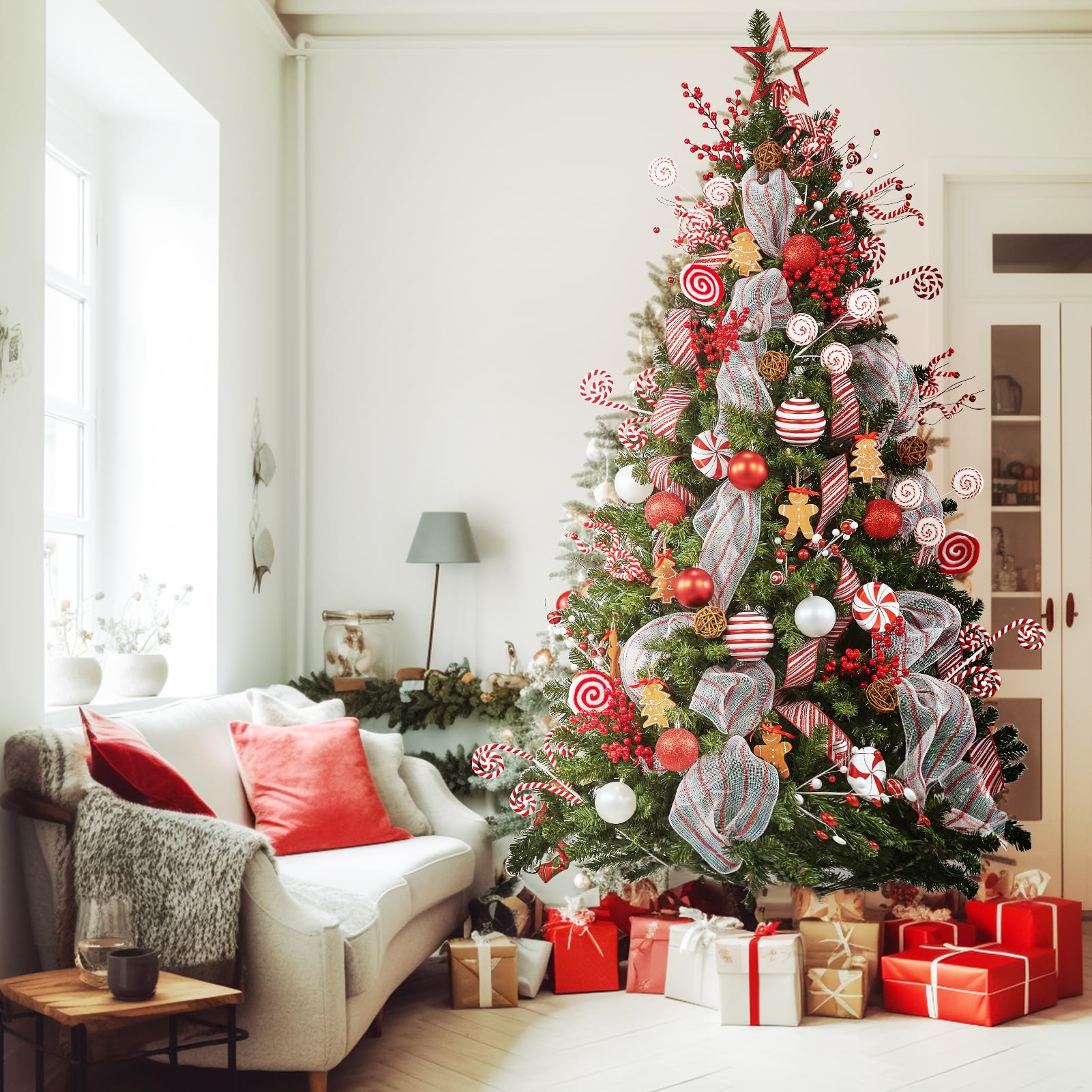 WBHome 7FT Pre-lit Artificial Christmas Tree with 400 Plug-in LED Lights and Ornaments Set Package, Peppermint & Gingerbread The