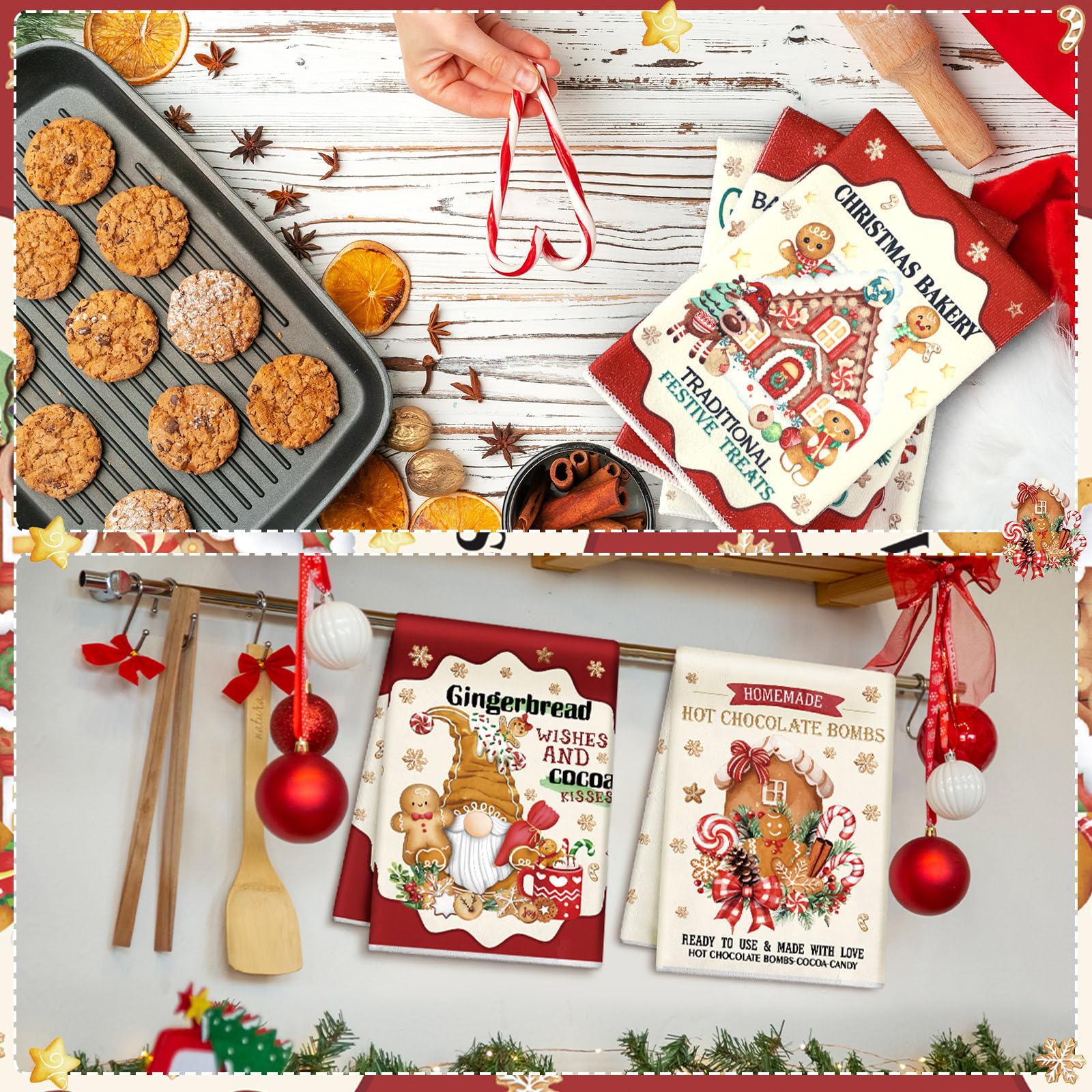 Hosuly 6 Pcs Christmas Kitchen Towels Christmas Gingerbread Man Dish Towel Funny Gingerbread Cookie Tea Towels Xmas Hot Cocoa Gn