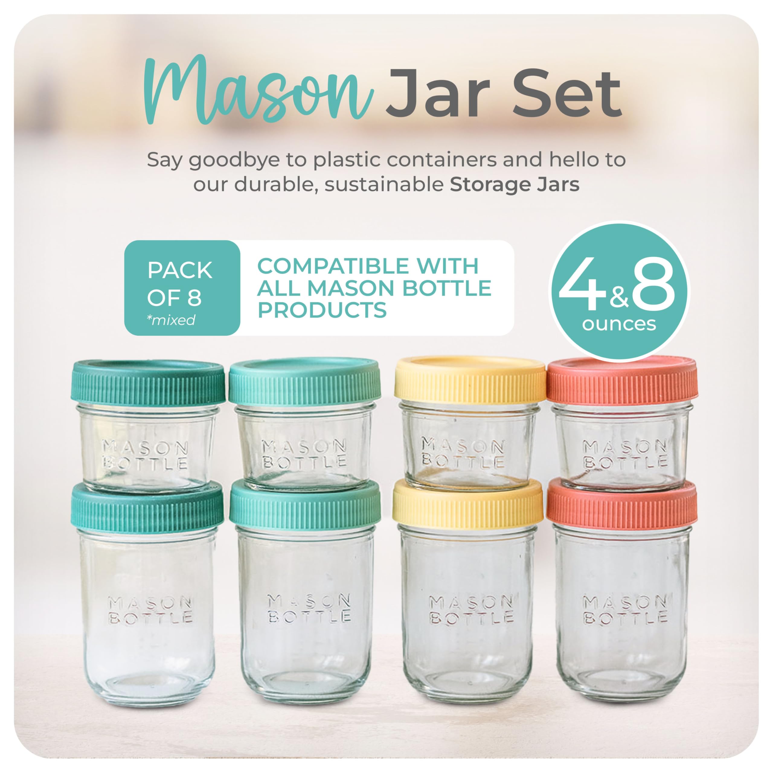 Mason Bottle Breast Milk Storage Glass (4Oz & 8Oz, 8-Pack) - Reusable Glass Baby Food Jars With Lids - Airtight, Stackable, Free