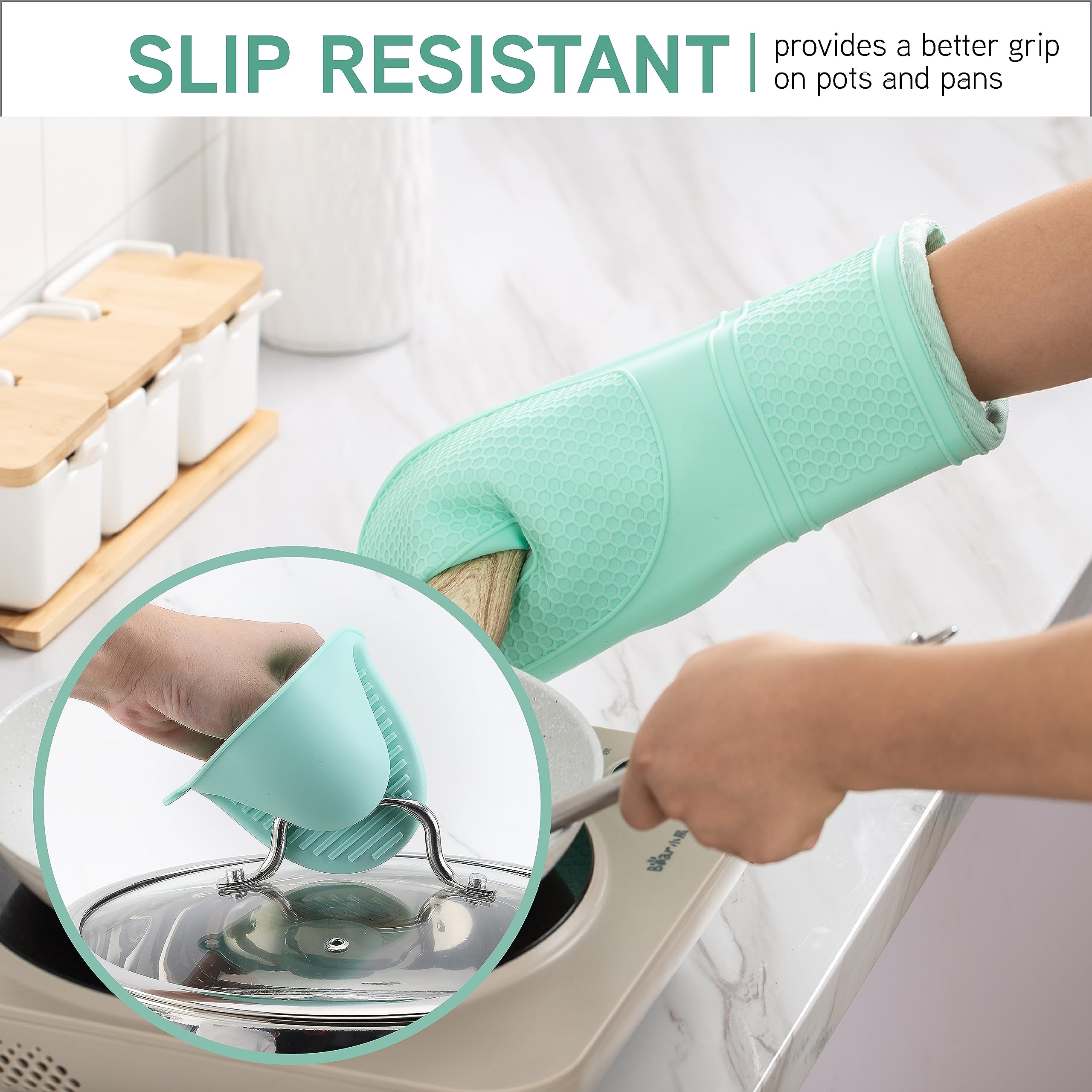 Cook With Color Silicone Oven Mitts- Heat Resistant Gloves With Soft Quilted Lining Oven Mitt Pot Holders For Cooking And Bbq, M