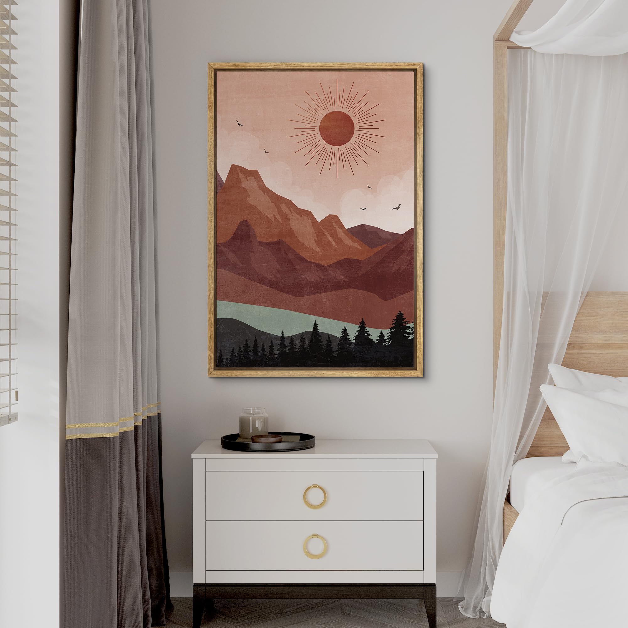 Signford Framed Canvas Print Wall Art Sunset Over Mountain Range With Silhouetted Trees Nature Wilderness Illustrations Decorati