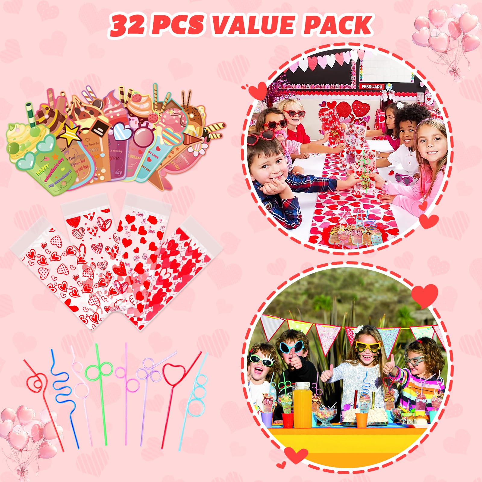 Valentines Day Cards With Straws, Set Of 32 Crazy Straw Valentines For Kids With Heart Bag, Valentine Exchange Card For Girls Bo