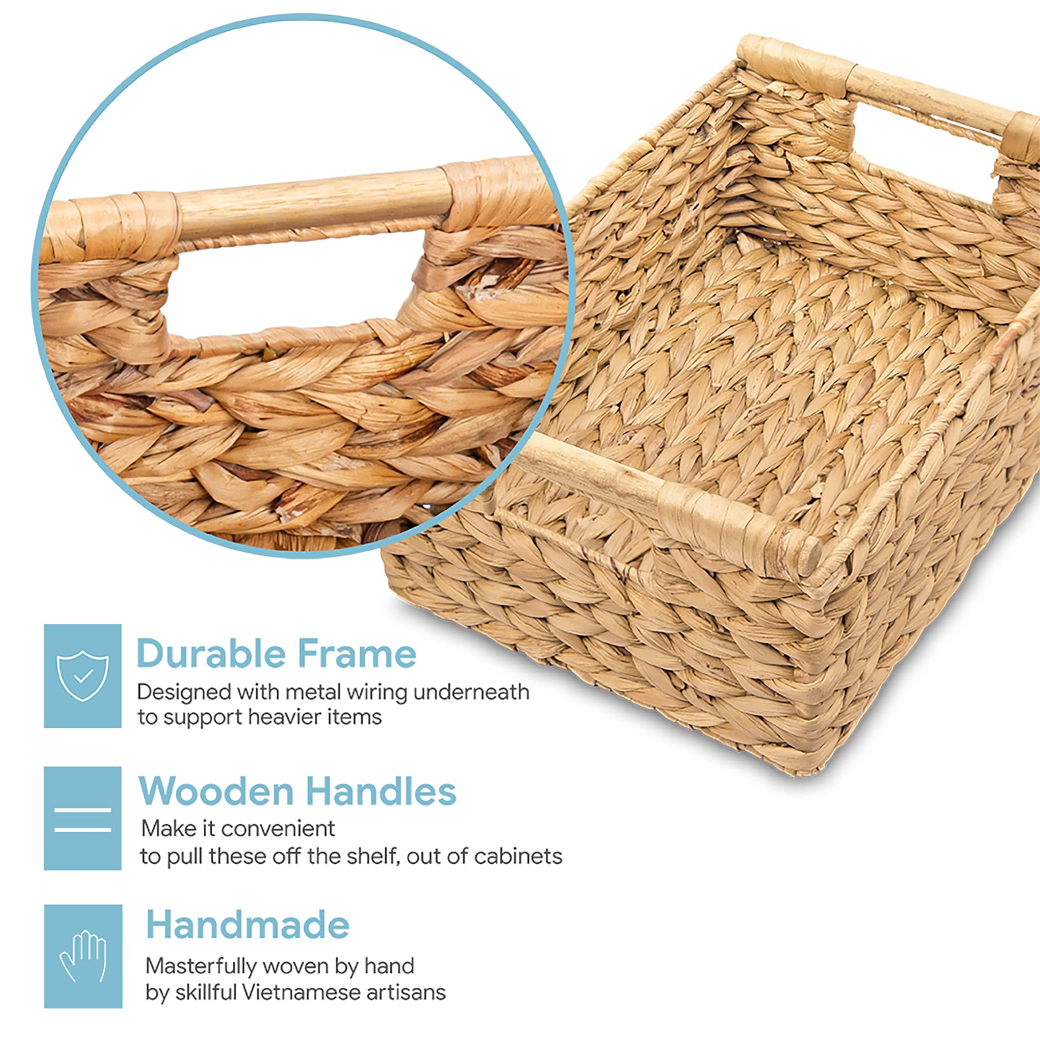 VATIMA Hyacinth Medium Wicker Basket 13.6x9.5x5.6'' - With Handle  Living Room Decor  Rectangular Design