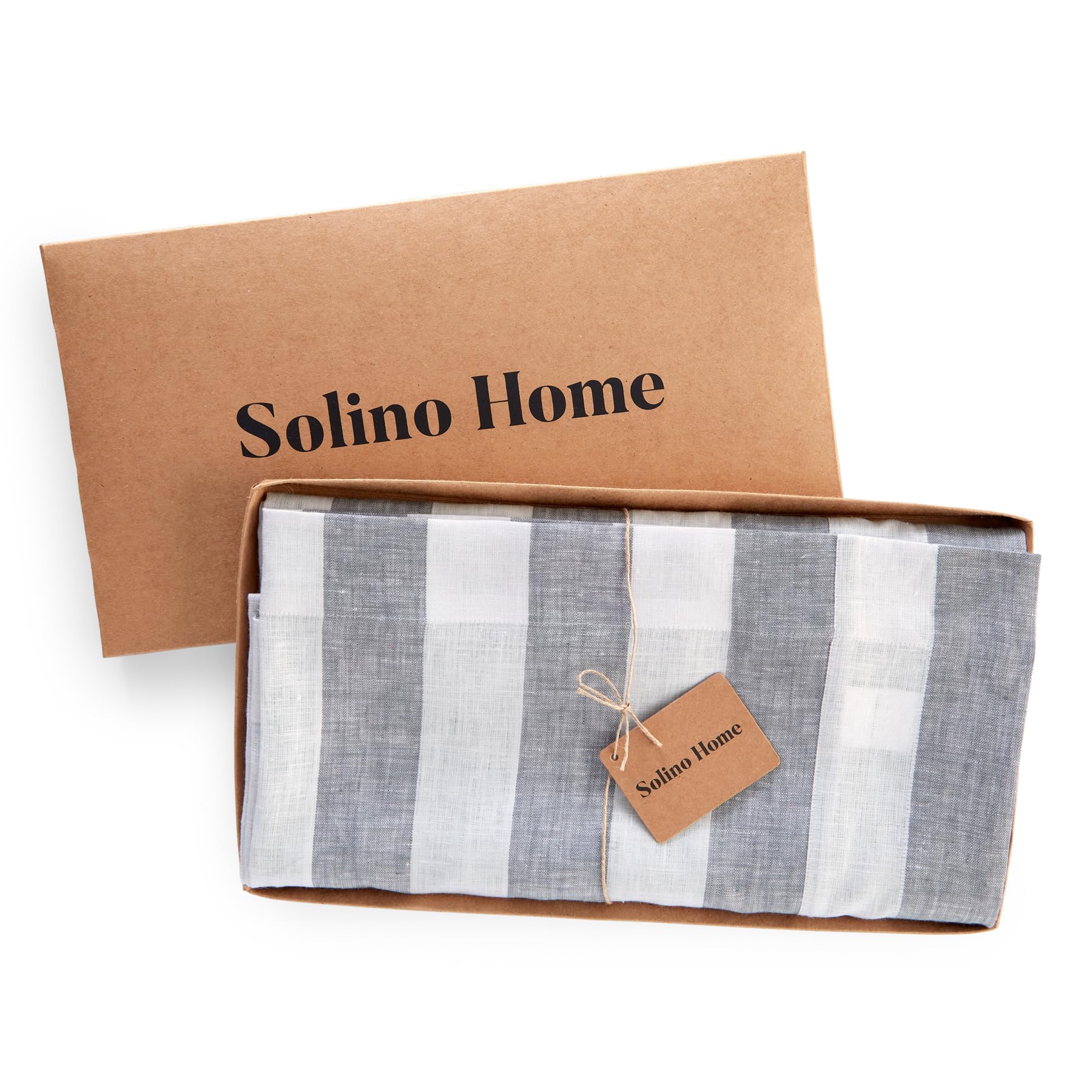 Solino Home Cabana Stripe Linen Tablecloth 120'' L X 60'' W Inch - 100% Pure Linen Grey And White Tablecloth For Spring, Easter