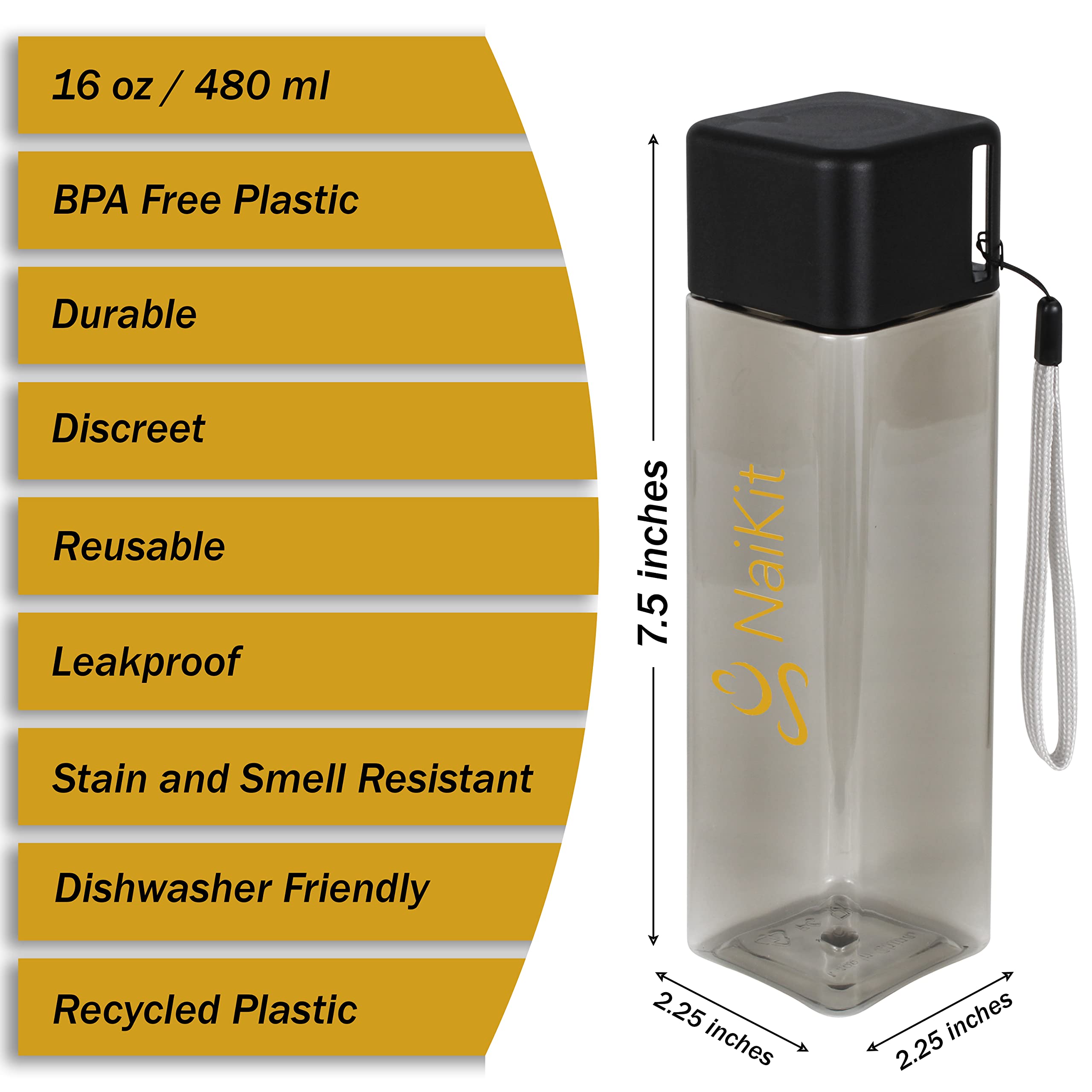 Naikit Smokey-Colored Water Bottle 16 Oz Plastic, Portable With Strap Bpa Free Reusable Waterbottle. Leakproof No Soaked Backpac