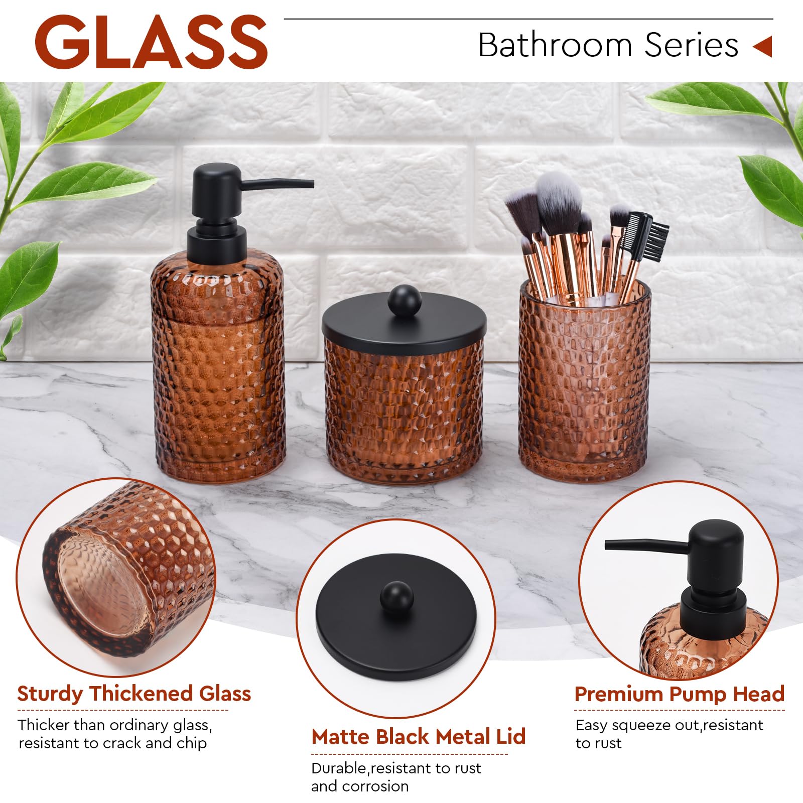 Bathroom Accessories Set,4 Pcs Amber Glass Bathroom Accessories Sets-Lotion Soap Dispenser,Toothbrush Holder,Qtip Holder Dispens