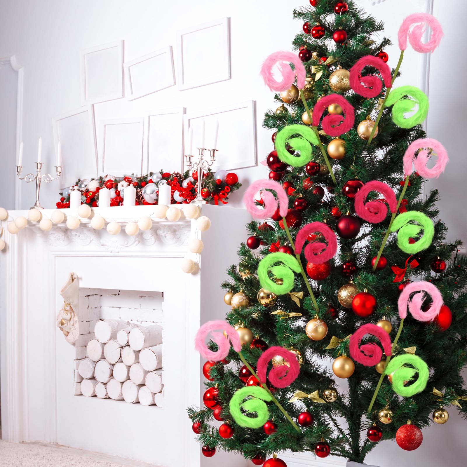 XunYee 6 Pcs Christmas Tree Picks 17in Pink and Lime Green Furry Christmas Tree Topper Spiral Curly Picks Pink and Green Furry T