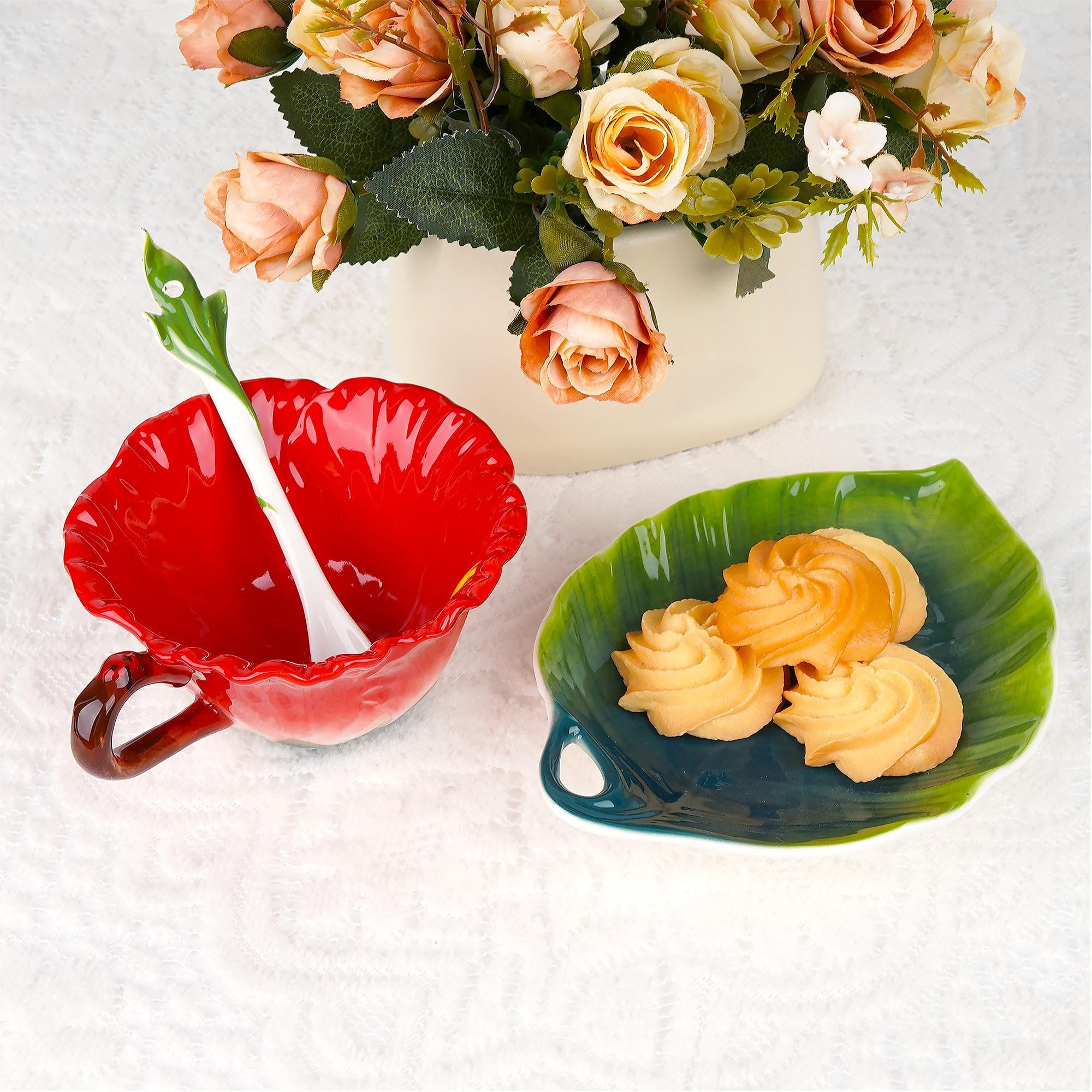 Philo Fun Hibiscus Flower Tea Cup And Saucer Set 6 Oz, Enamel Flower Porcelain Coffee Cup Saucer Set With Spoon For Women, Hand