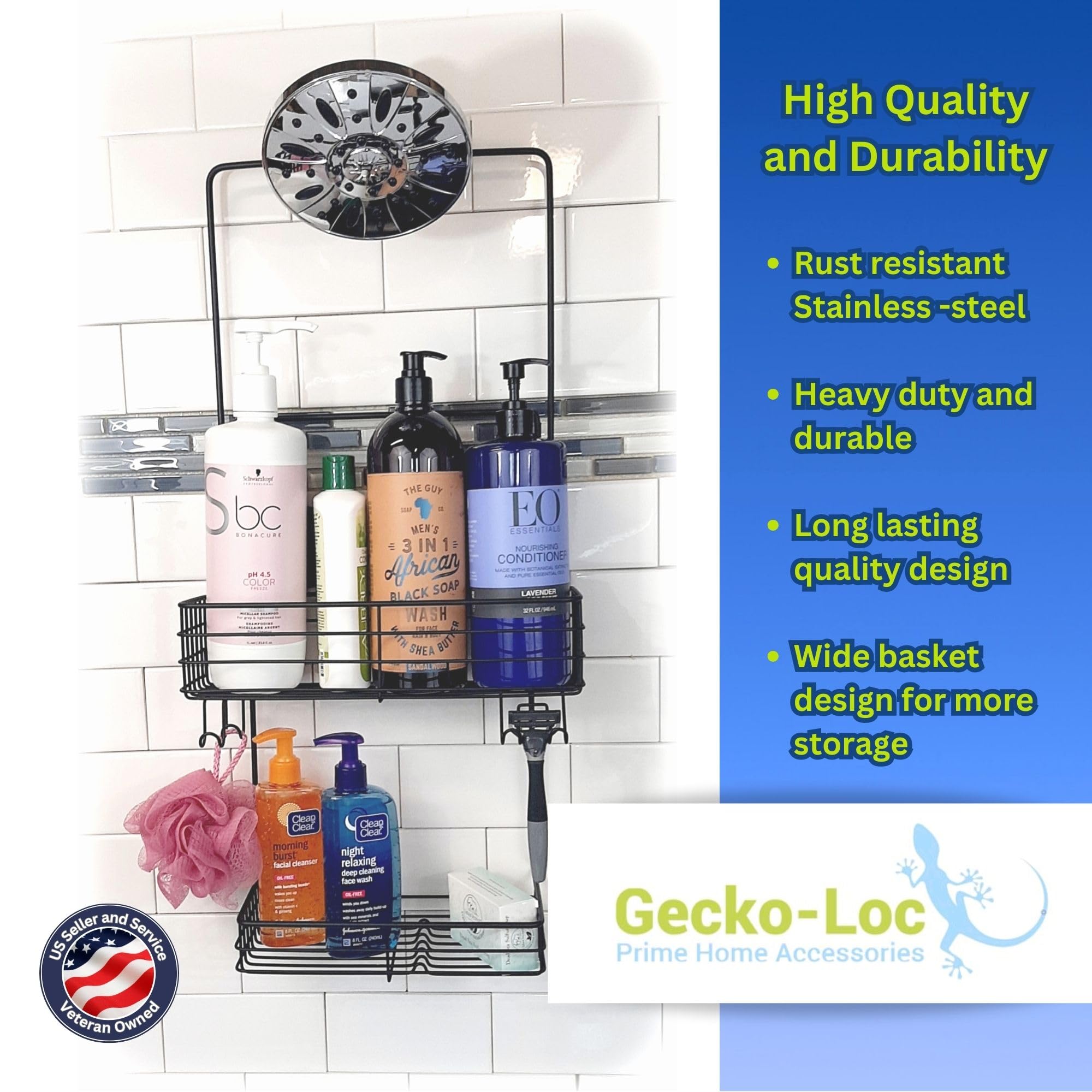 Gecko-Loc Extra Long Wide Adjustable Length Over The Showerhead Hanging Shower Caddy Organizer - For Shampoo, Soap, & Razors - B