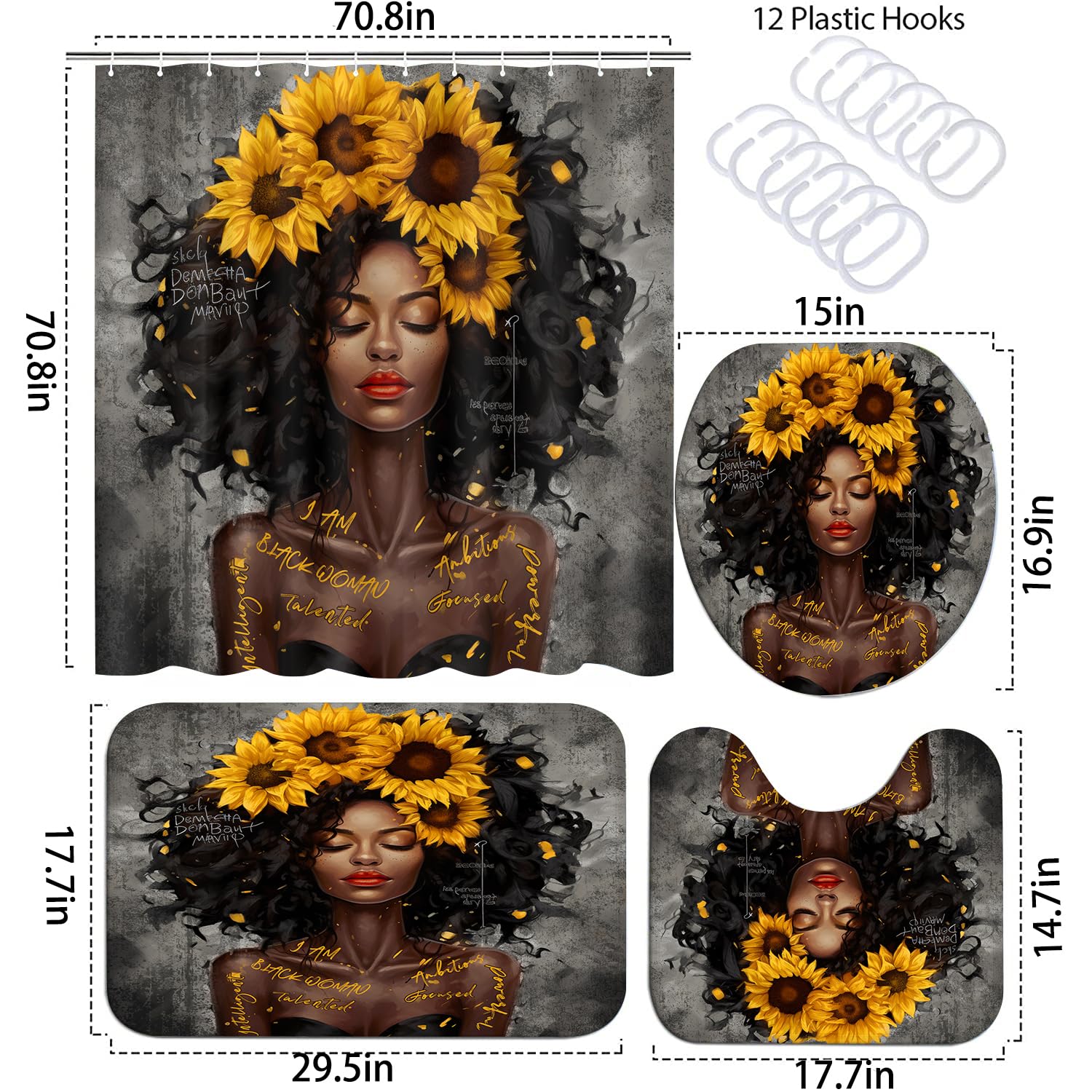 Omebero Black King Bathroom Shower Curtain Sets, Colorful Inspirational Quote Shower Curtains With Rugs Toilet Lid Cover Bath Ma