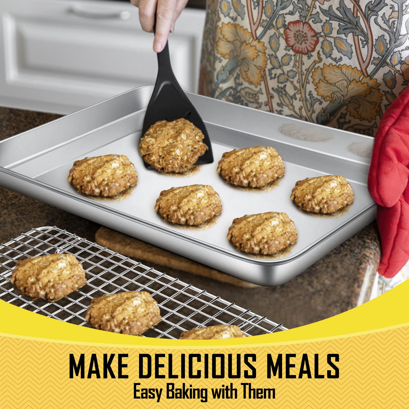 Joyfair 12.5 Inch Baking Pan With Rack Set (2 Pans & 2 Racks), Stainless Steel Quarter Size Toaster Oven Tray With Cooling Rack,