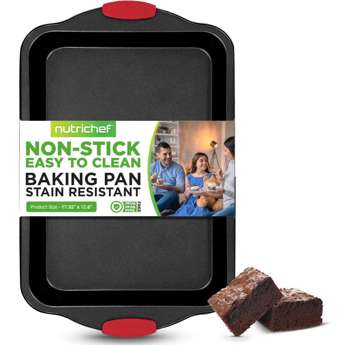 Nutrichef Extra Large Nonstick Baking Pan - Carbon Steel Roasting Tray W/ Red Silicone Handles - Premium Bakeware For Brownies,