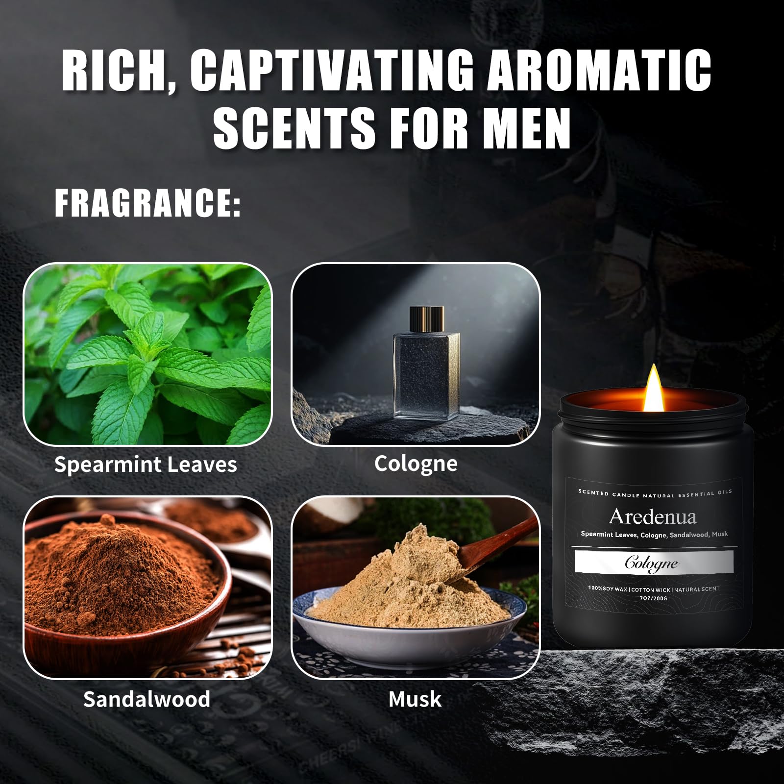 Cologne Candle | Masculine Candles - Manly Scented Candles for Men, Aromatherapy Gifts for Him - 7oz Soy Candles, 50 Hours Burn